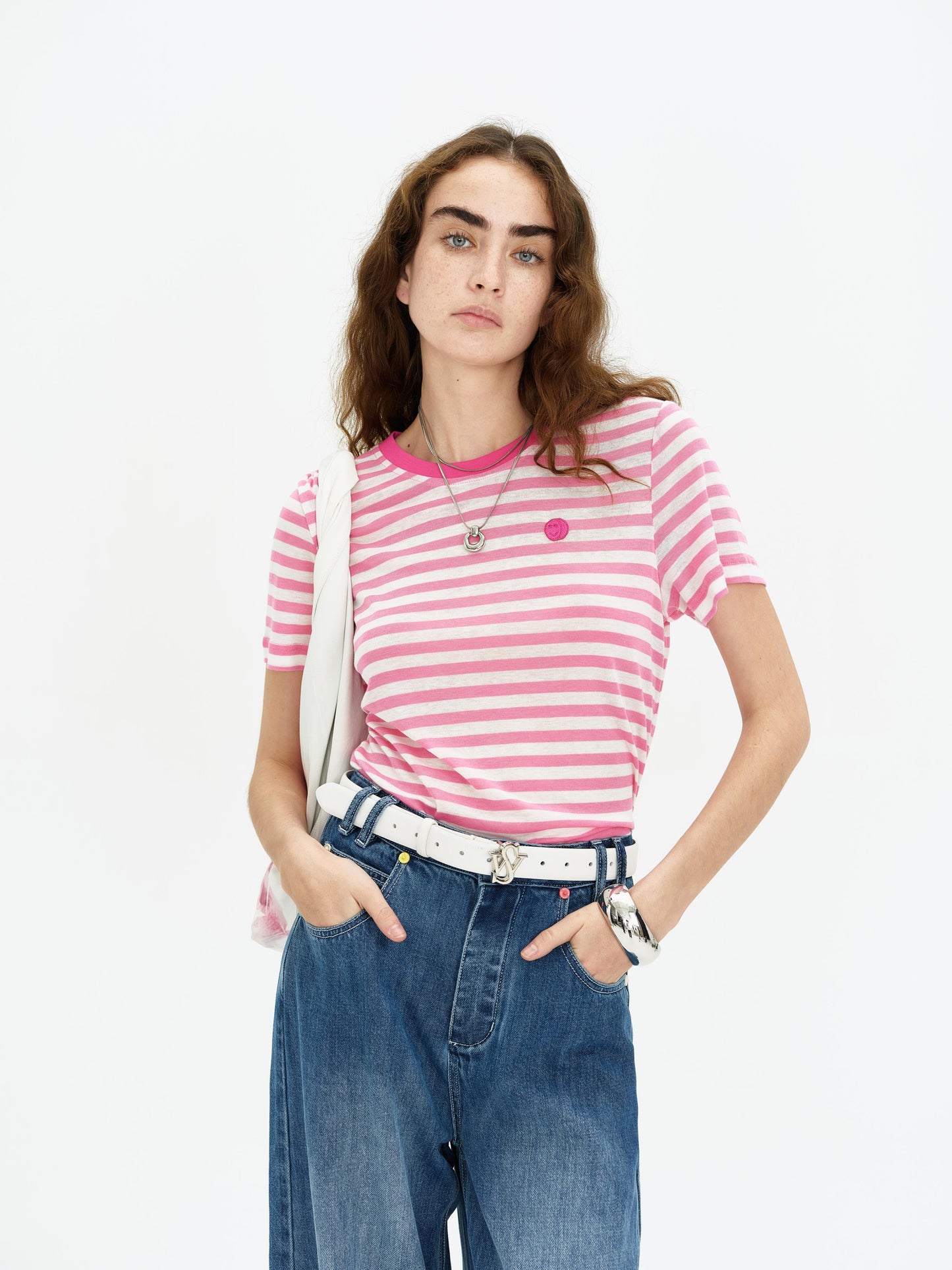 SELFWHO Short Sleeve Blue Striped Top