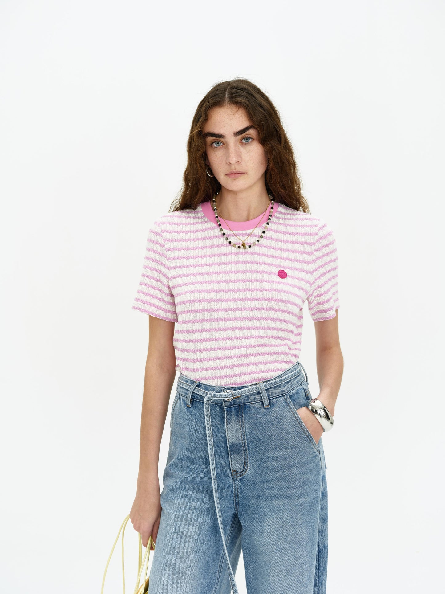 SELFWHO Short Sleeve Blue Striped Top