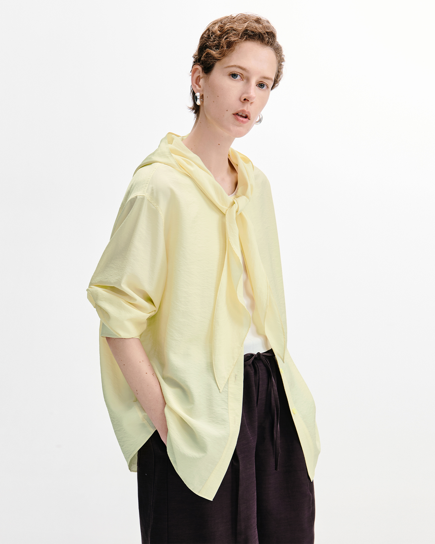 Modal-Silk Hooded Shirt with Bunny-Ear Scarf Collar