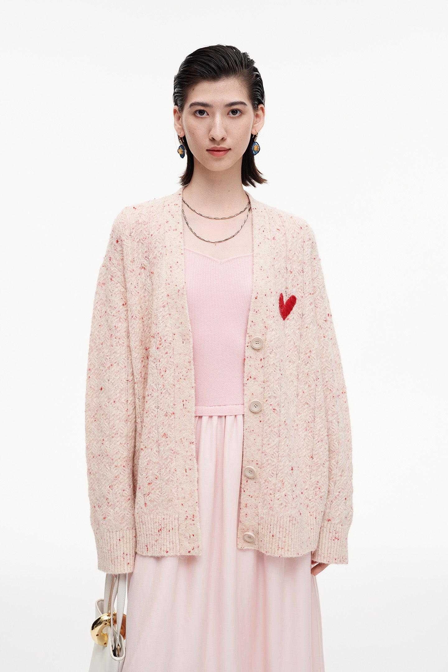 SELFWHO Wool Blend Heart V-Neck Knitted Cardigan