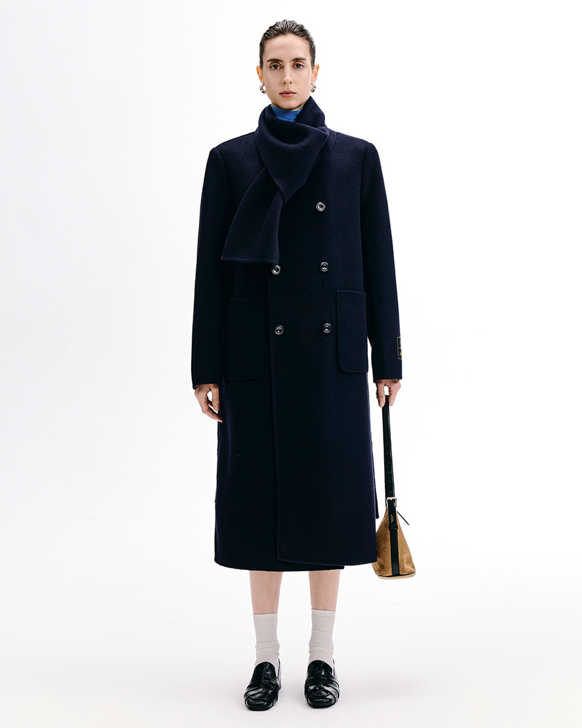 Double-Breasted Scarf-Collar Wool Coat – Long
