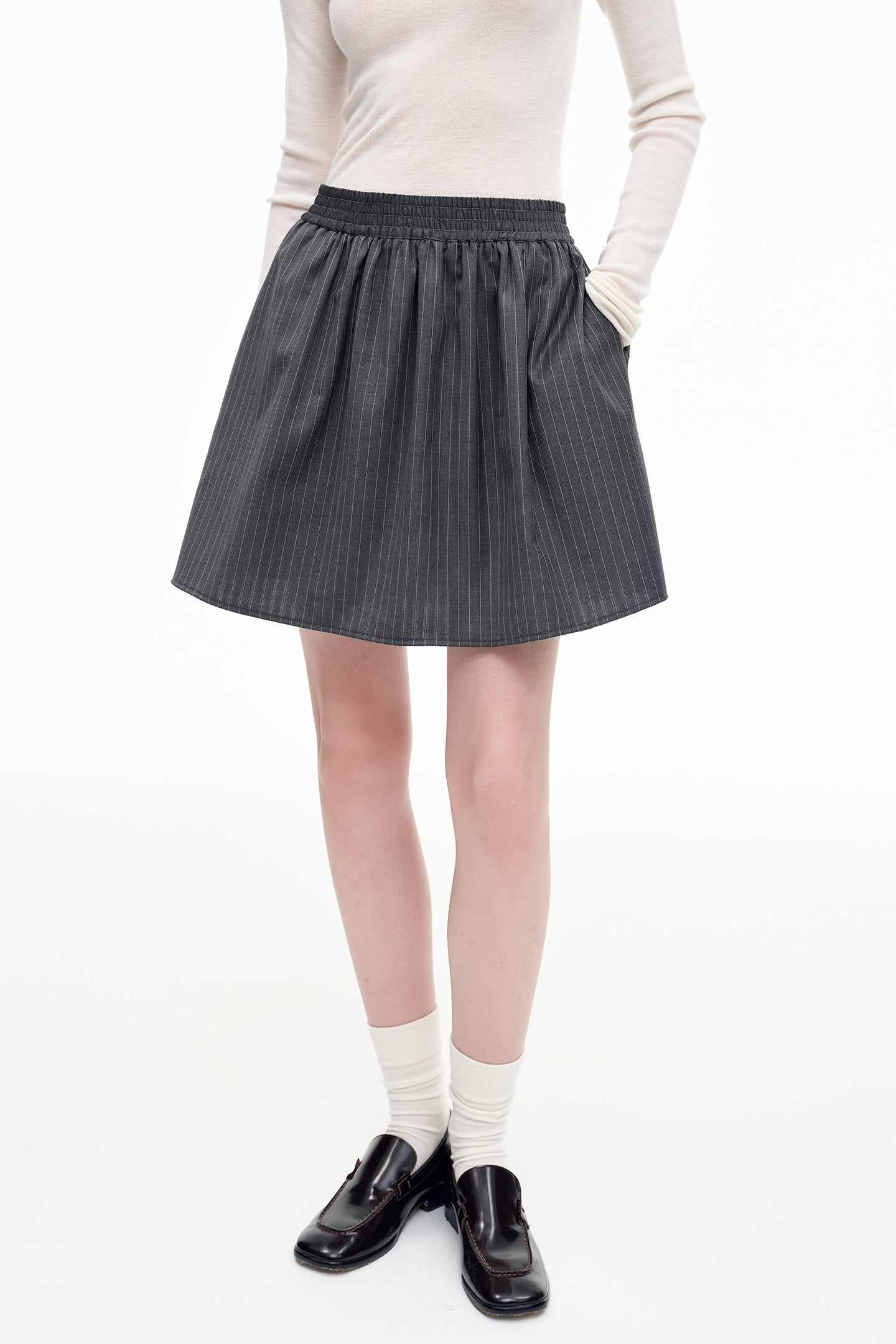 SELFWHO Combed Wool Blend Grey Striped Skirt
