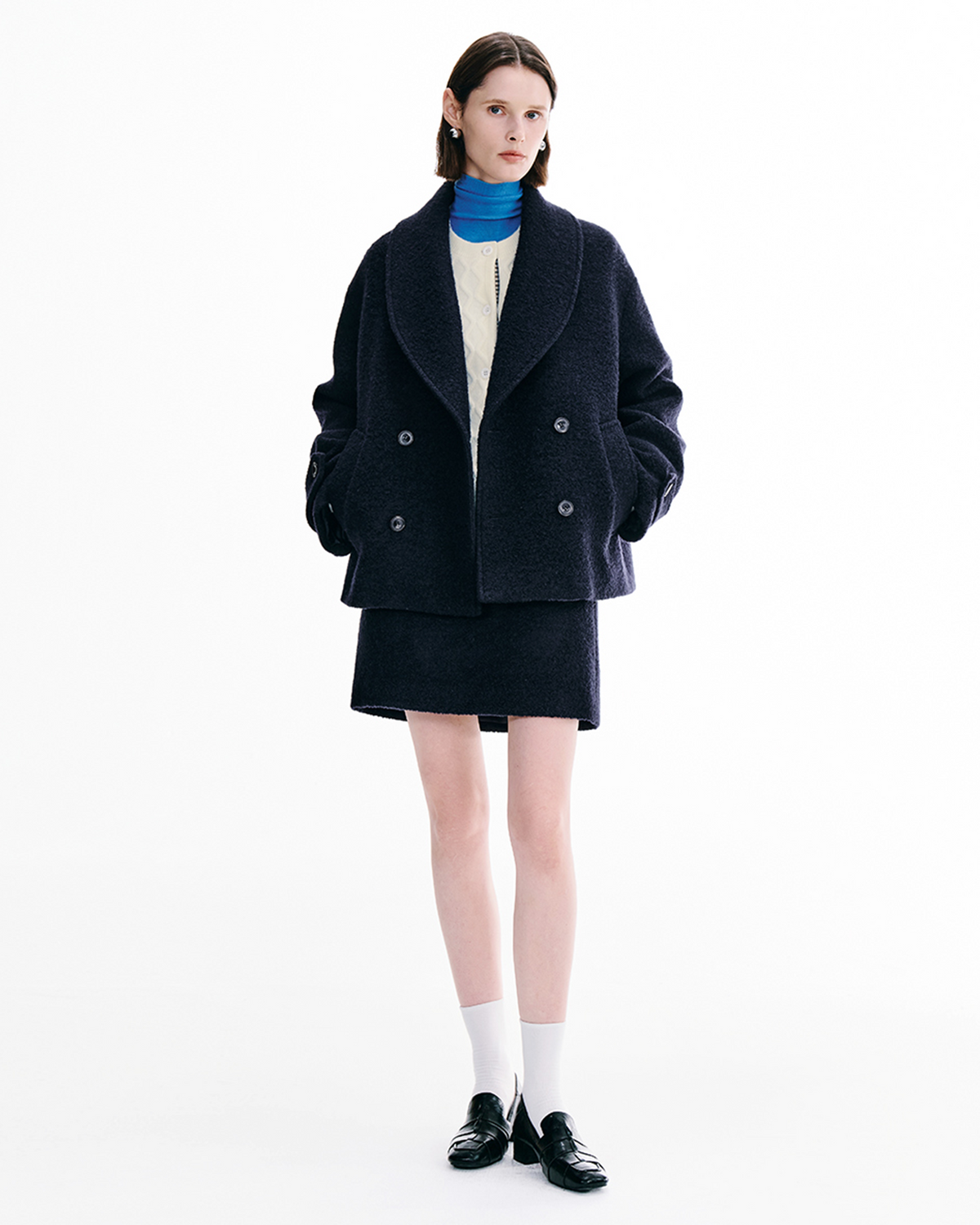 Shawl-Collar Double-Breasted Coat & A-Line Skirt Set