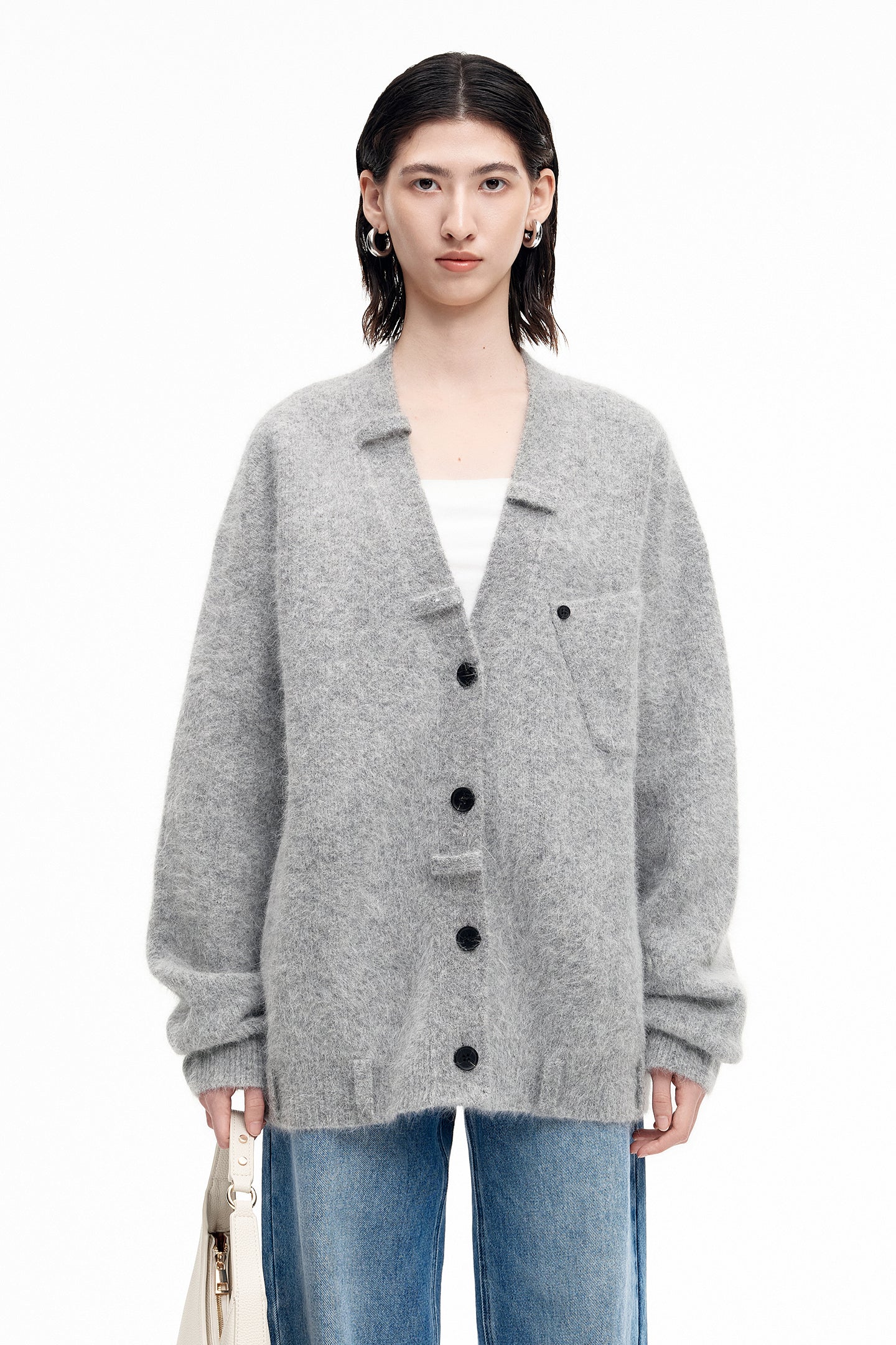 SELFWHO Angora rabbit hair and wool blend gray V-neck knitted cardigan