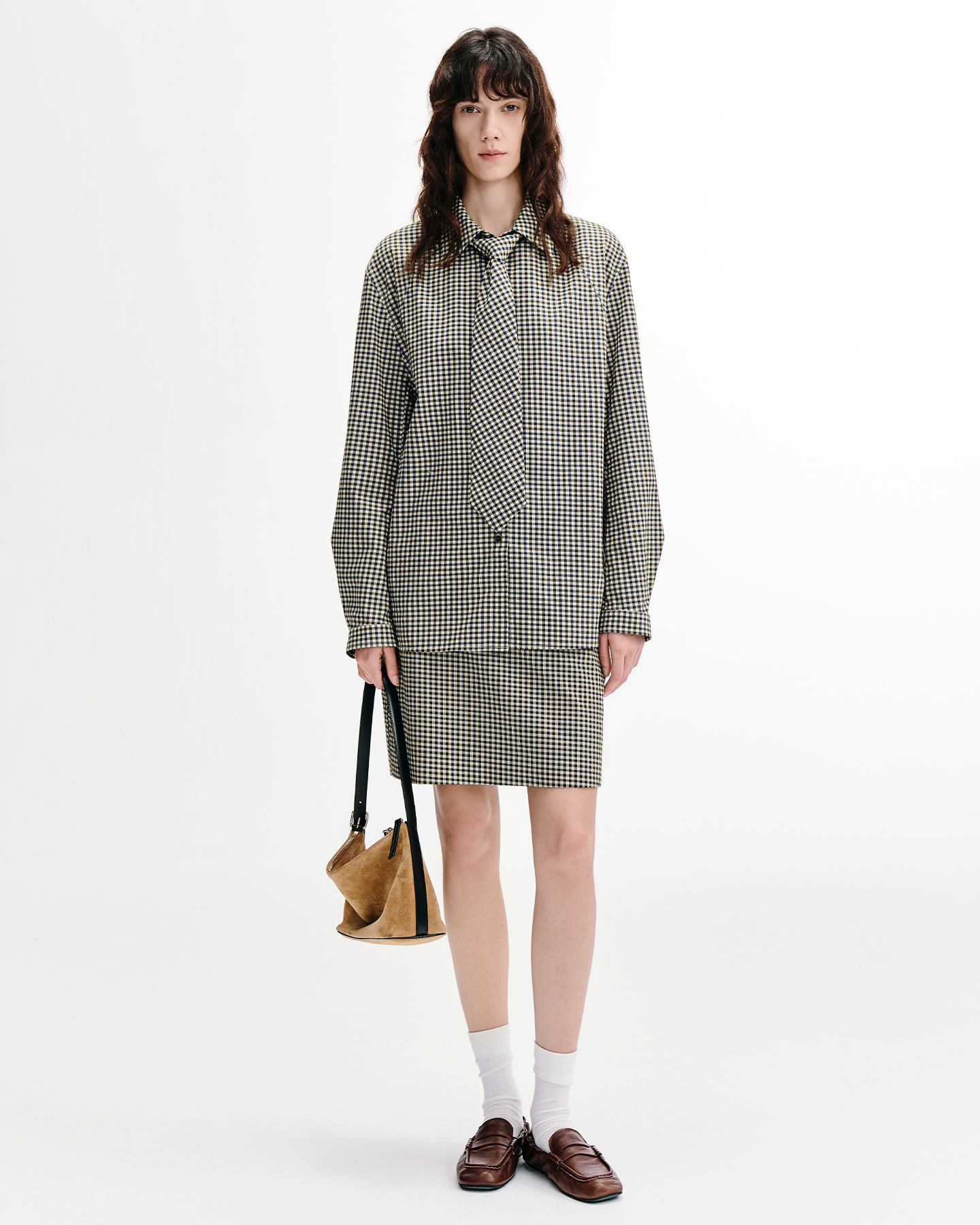 Vintage-Check Shirt & Straight Skirt Set – Cotton