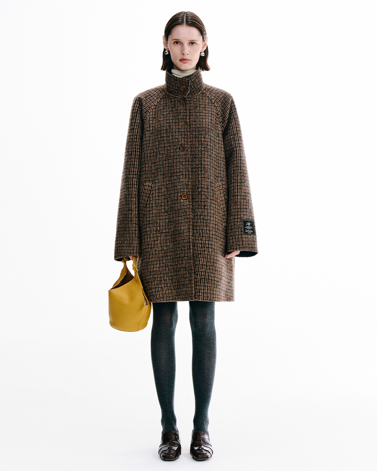 Stand-Collar Double-Face Plaid Wool Coat