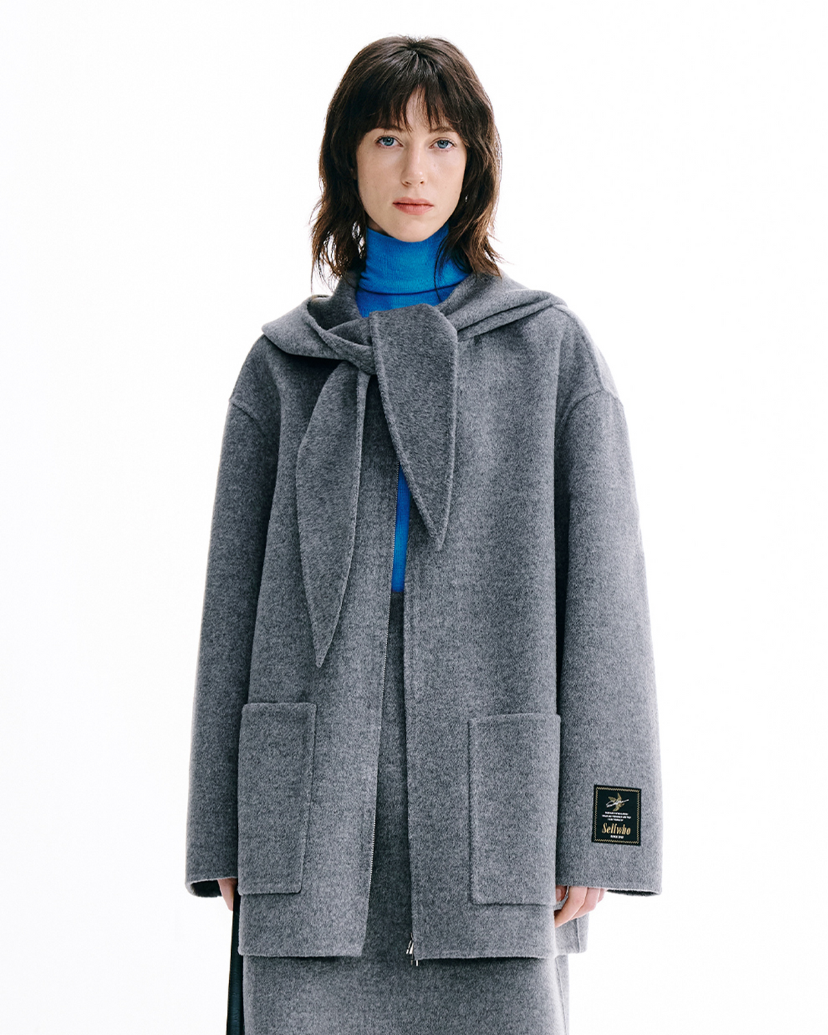 Double Face Wool Blend Hooded Scarf Collar Coat
