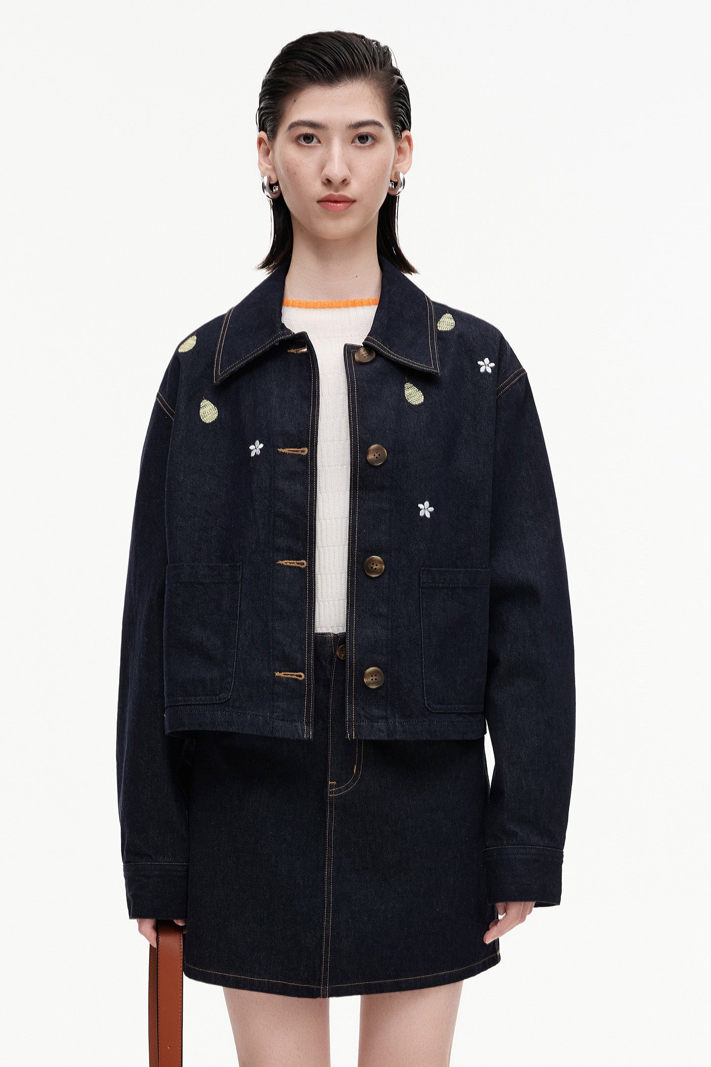Cotton Blend Benim Jacket With Pear Blossom Embroidery