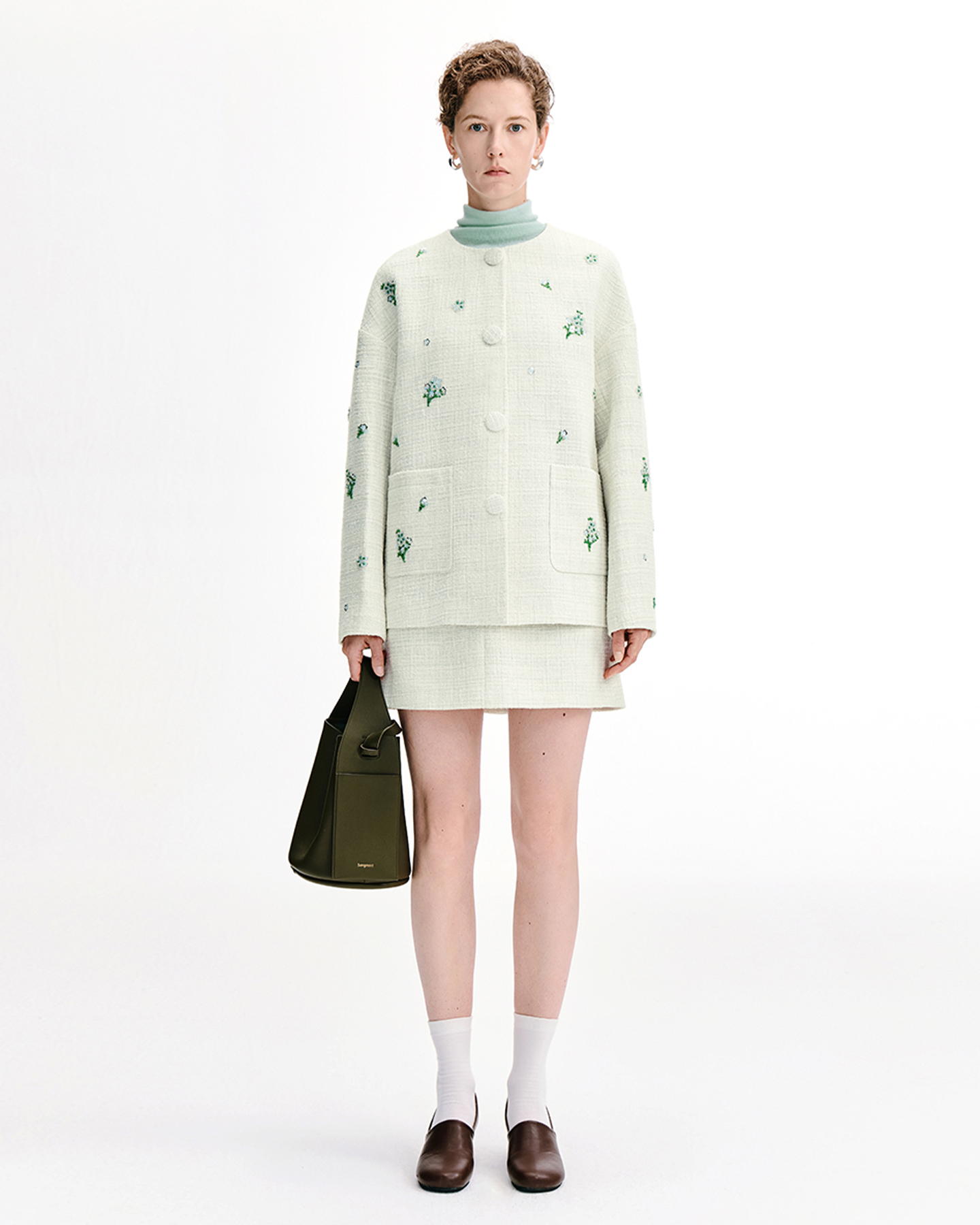 Meconopsis-Embroidered Tweed Coat & Skirt Set – Wool Blend