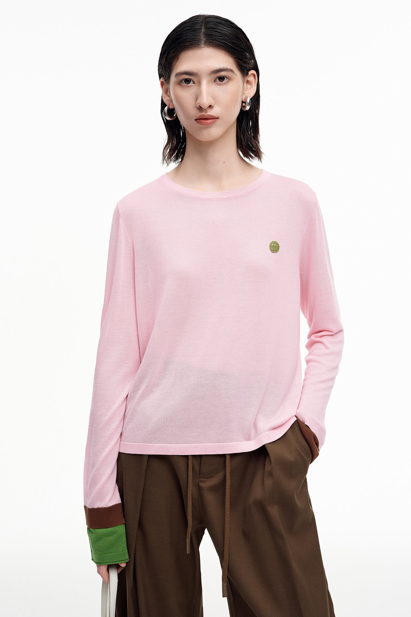 Tencel wool blended contrast color long-sleeved T-shirt