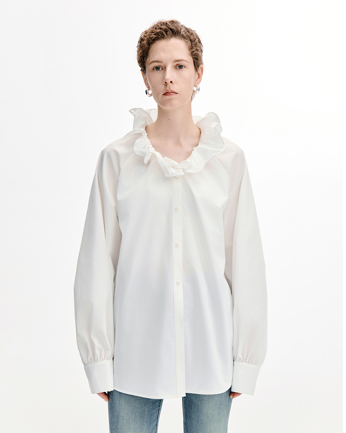 Ruffle-Trim V-Neck Blouse – Relaxed Cotton