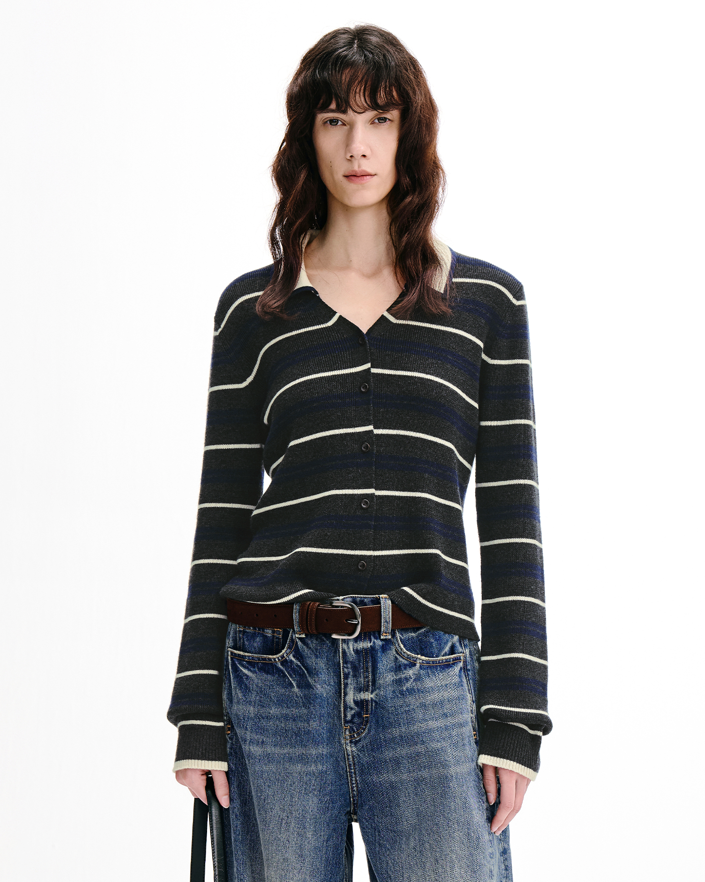 Contrast-Stripe V-Neck Cardigan – Wool Blend