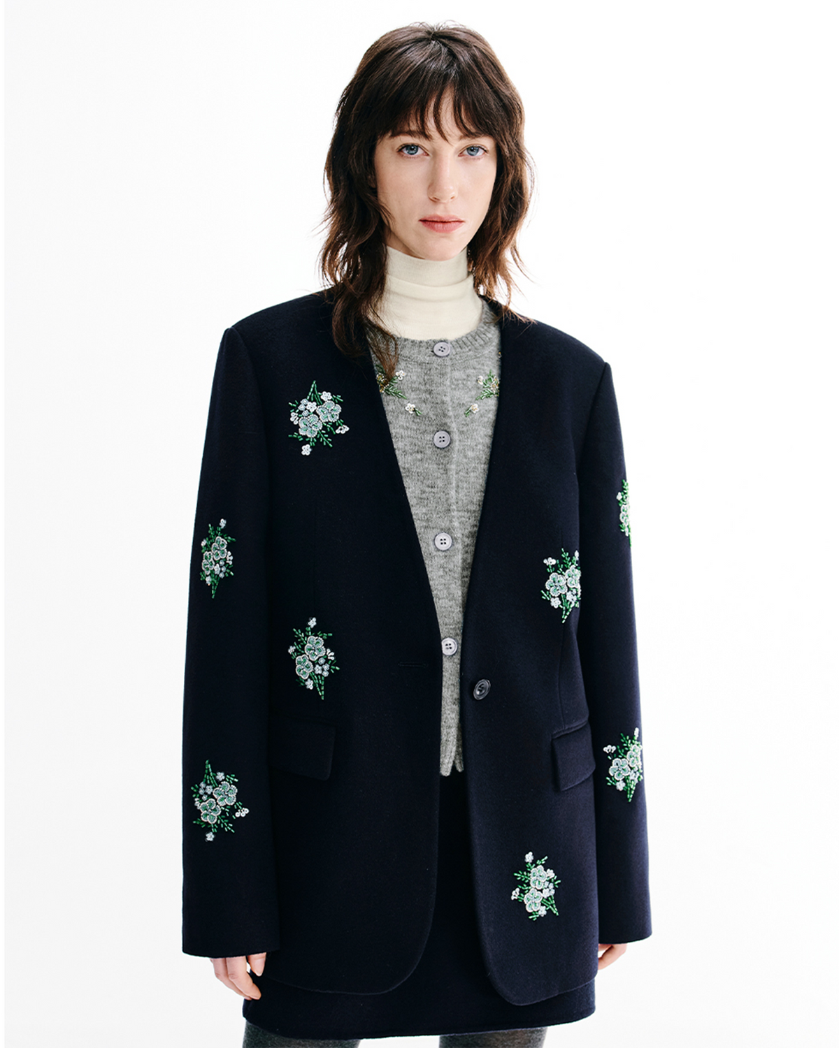 Meconopsis-Embroidered Wool Blazer – Relaxed Fit