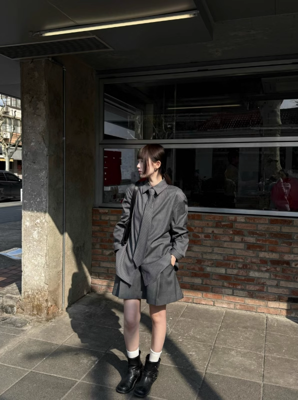 SELFWHO Sheep Wool Blend Grey Striped Shirt