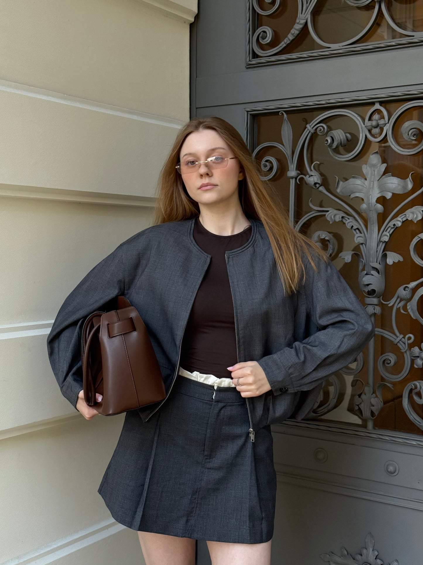 SELFWHO Gray Jacket + Skirt Suit