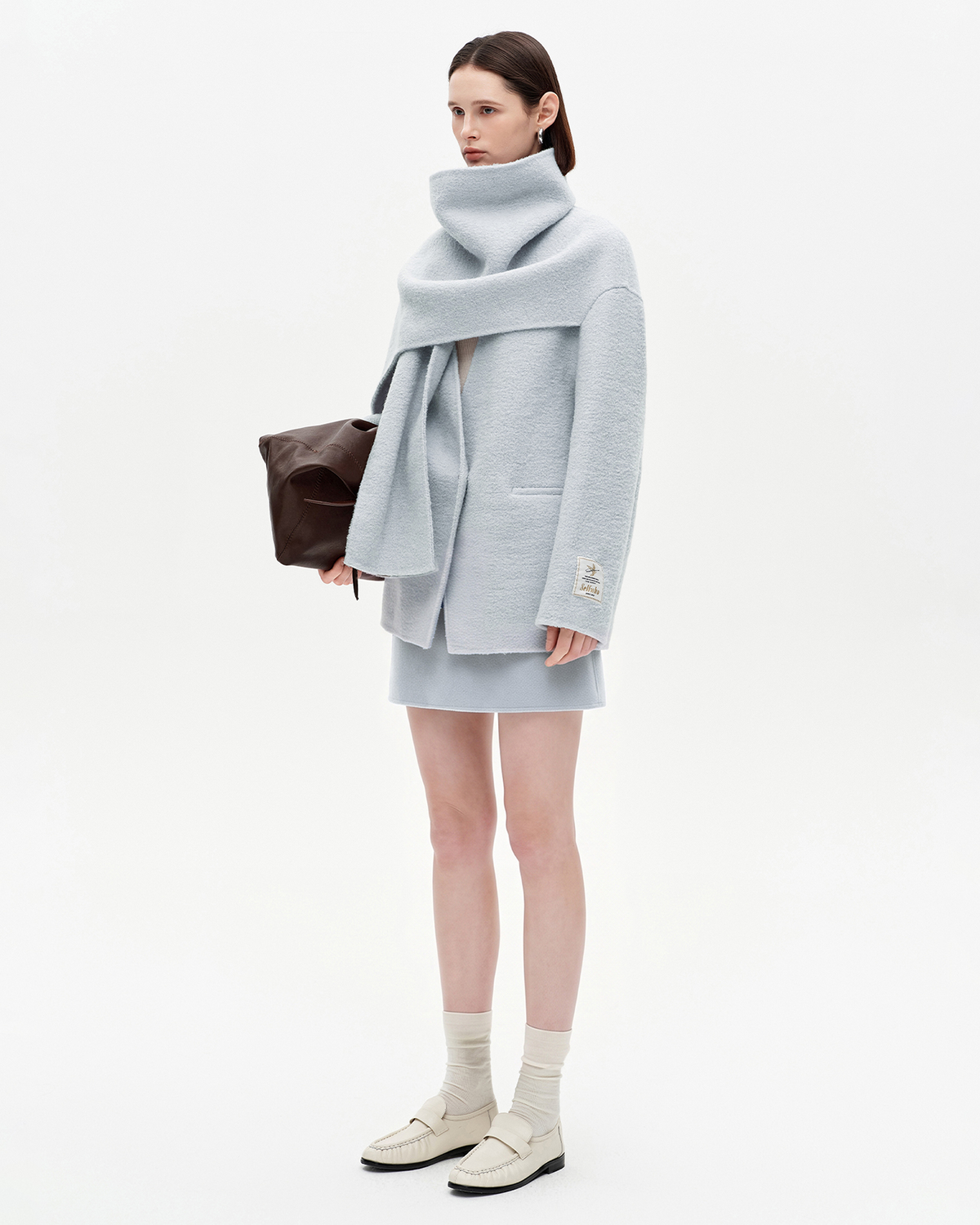Scarf-Collar Wool Coat & Skirt Set
