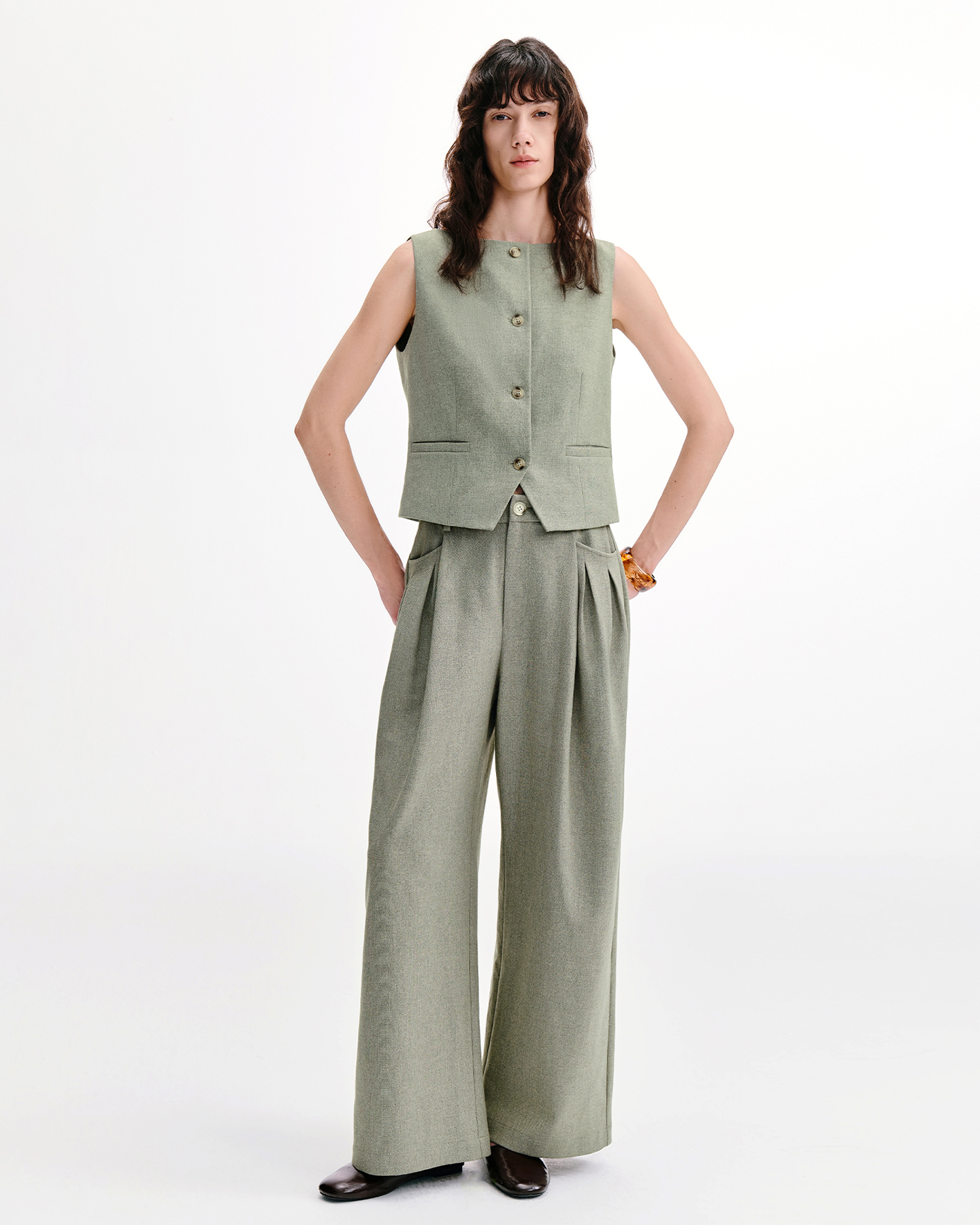 Curved-Leg Trousers with Inverted Pleats-Textured Wool Blend