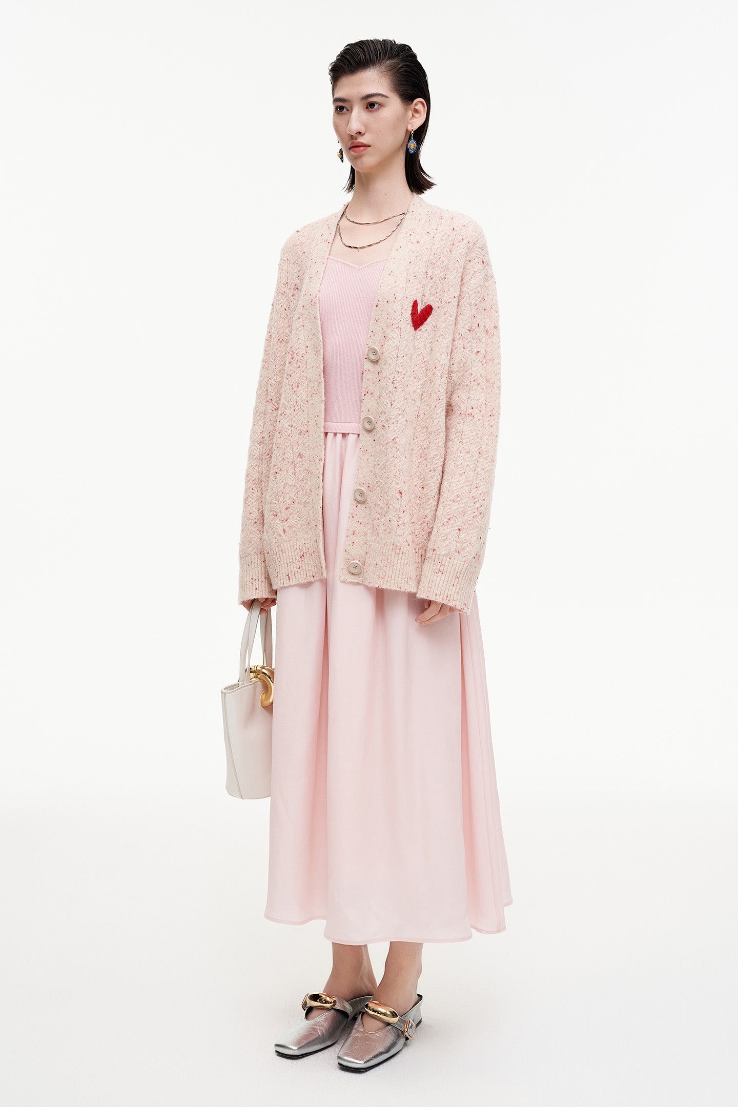 SELFWHO Wool Blend Heart V-Neck Knitted Cardigan