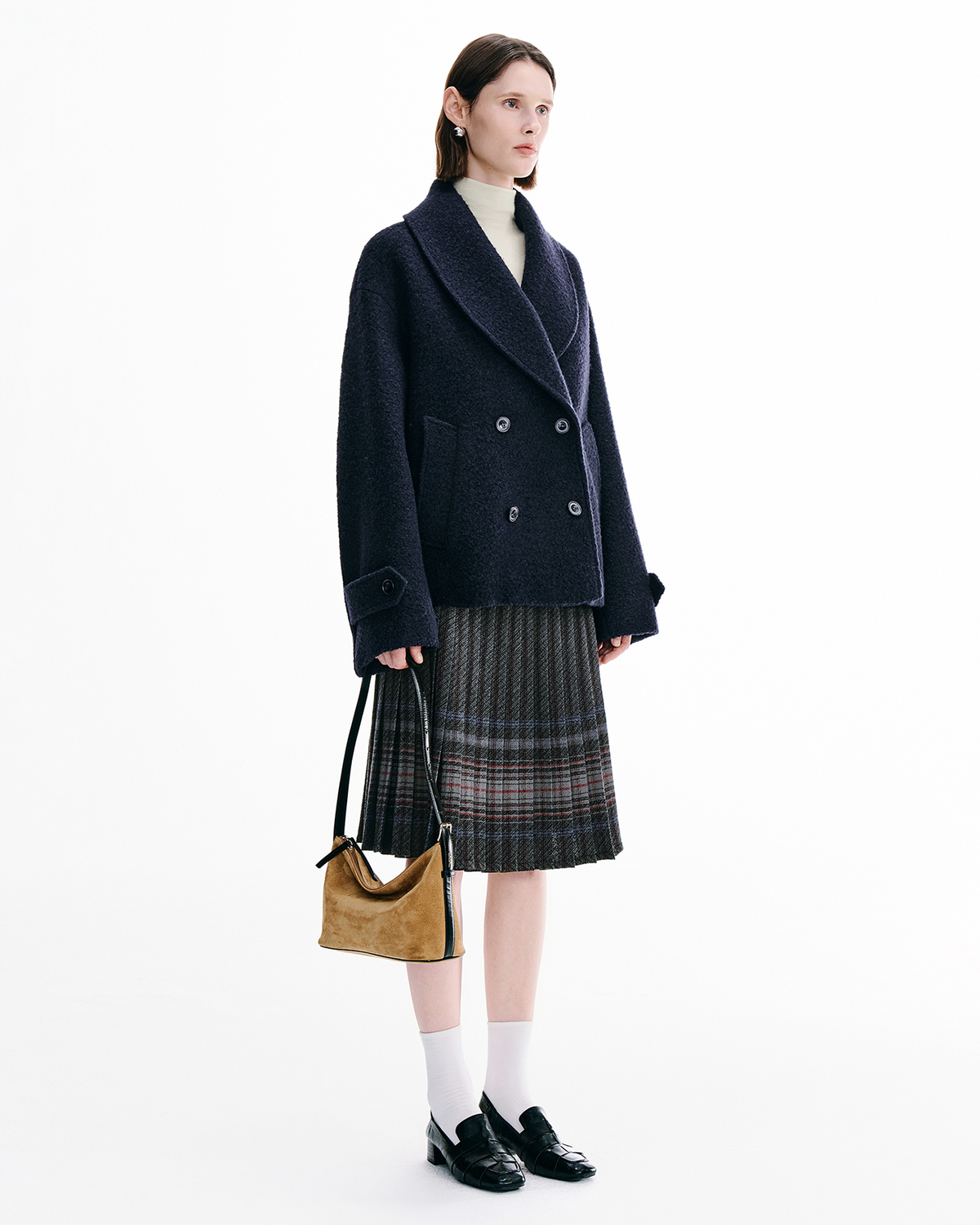 Shawl-Collar Double-Breasted Coat & A-Line Skirt Set