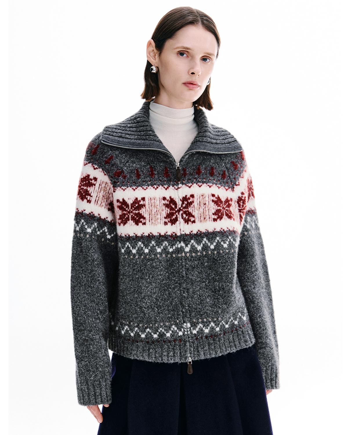 Fair Isle Zip-Up Cardigan – Funnel Neck