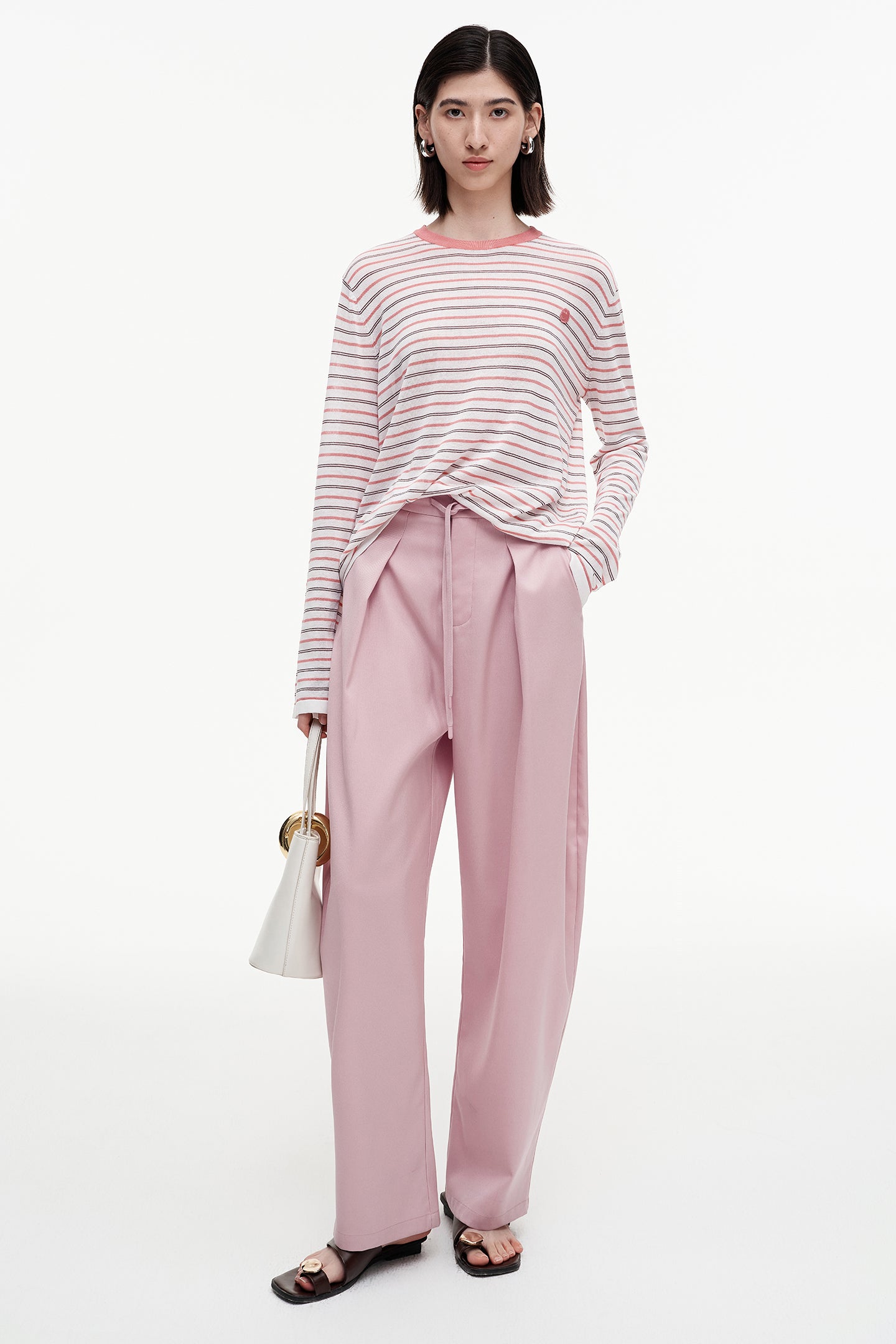 Acetate cotton blend contrast striped long-sleeved T-shirt
