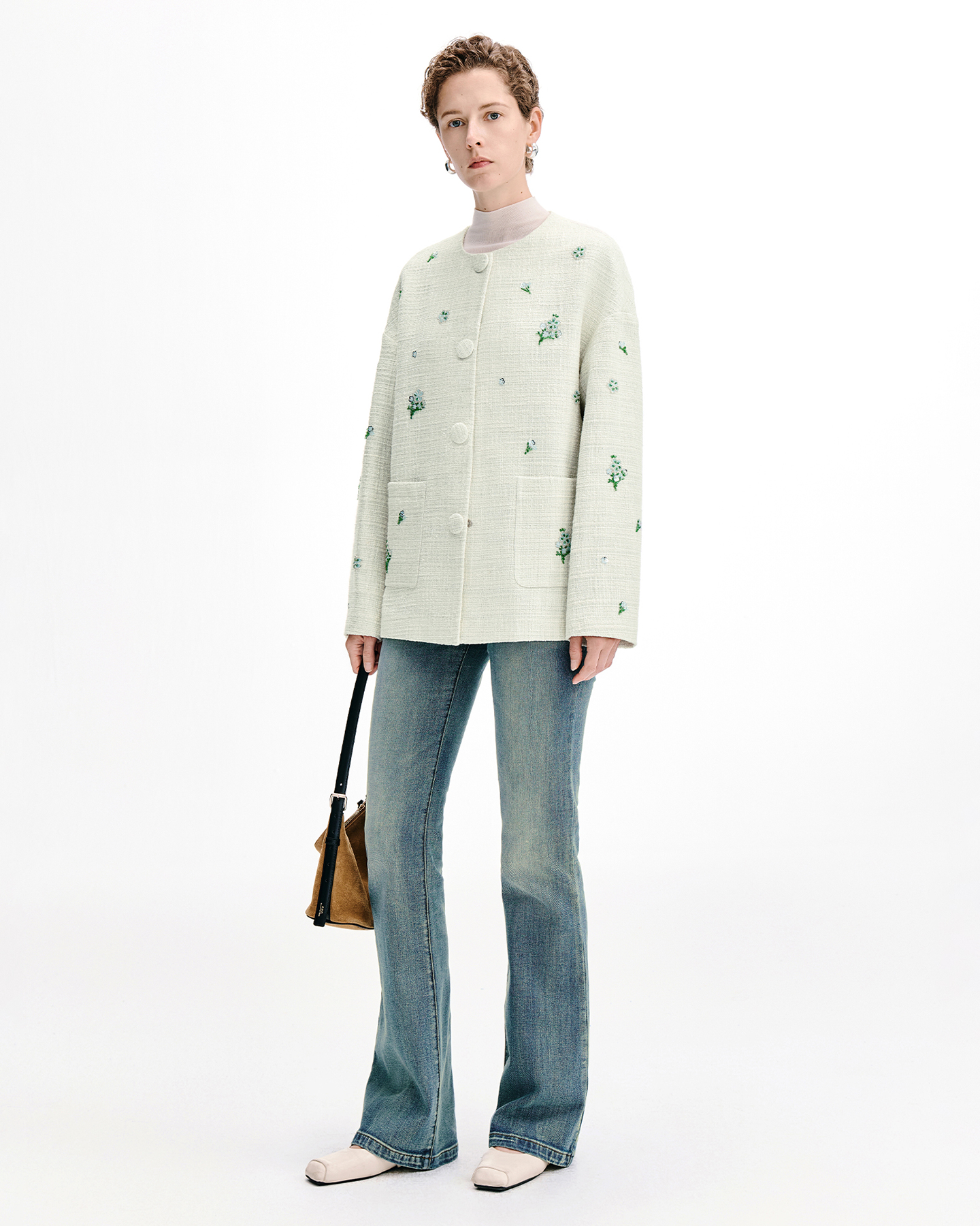 Meconopsis-Embroidered Tweed Coat & Skirt Set – Wool Blend