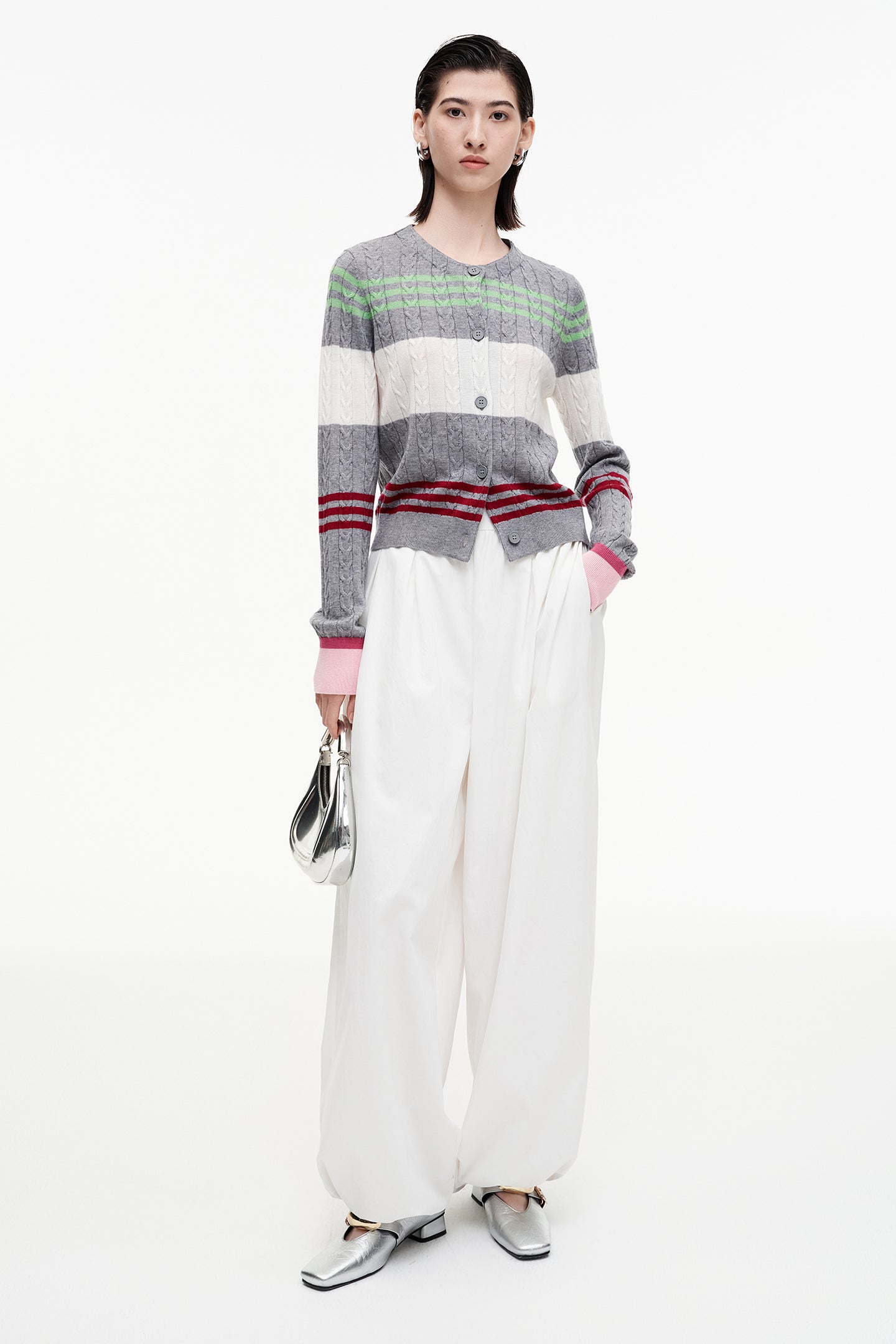 SELFWHO Sheep And Wool Blend Contrast Striped Knitted Cardigan