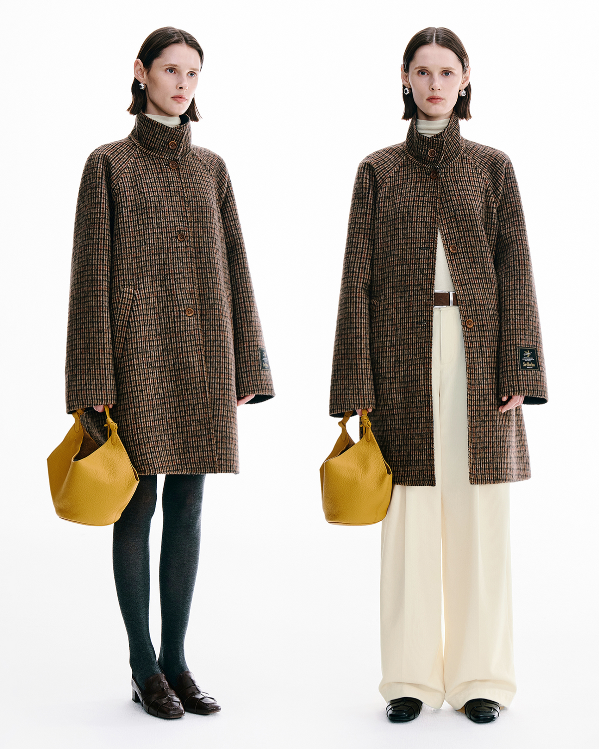 Stand-Collar Double-Face Plaid Wool Coat
