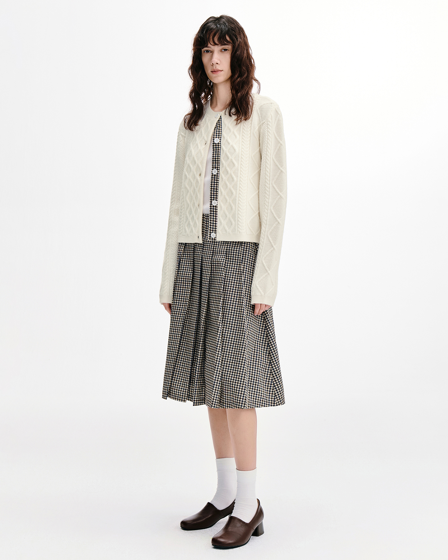 Cable-Knit Cardigan with Check Panels-Wool Blend