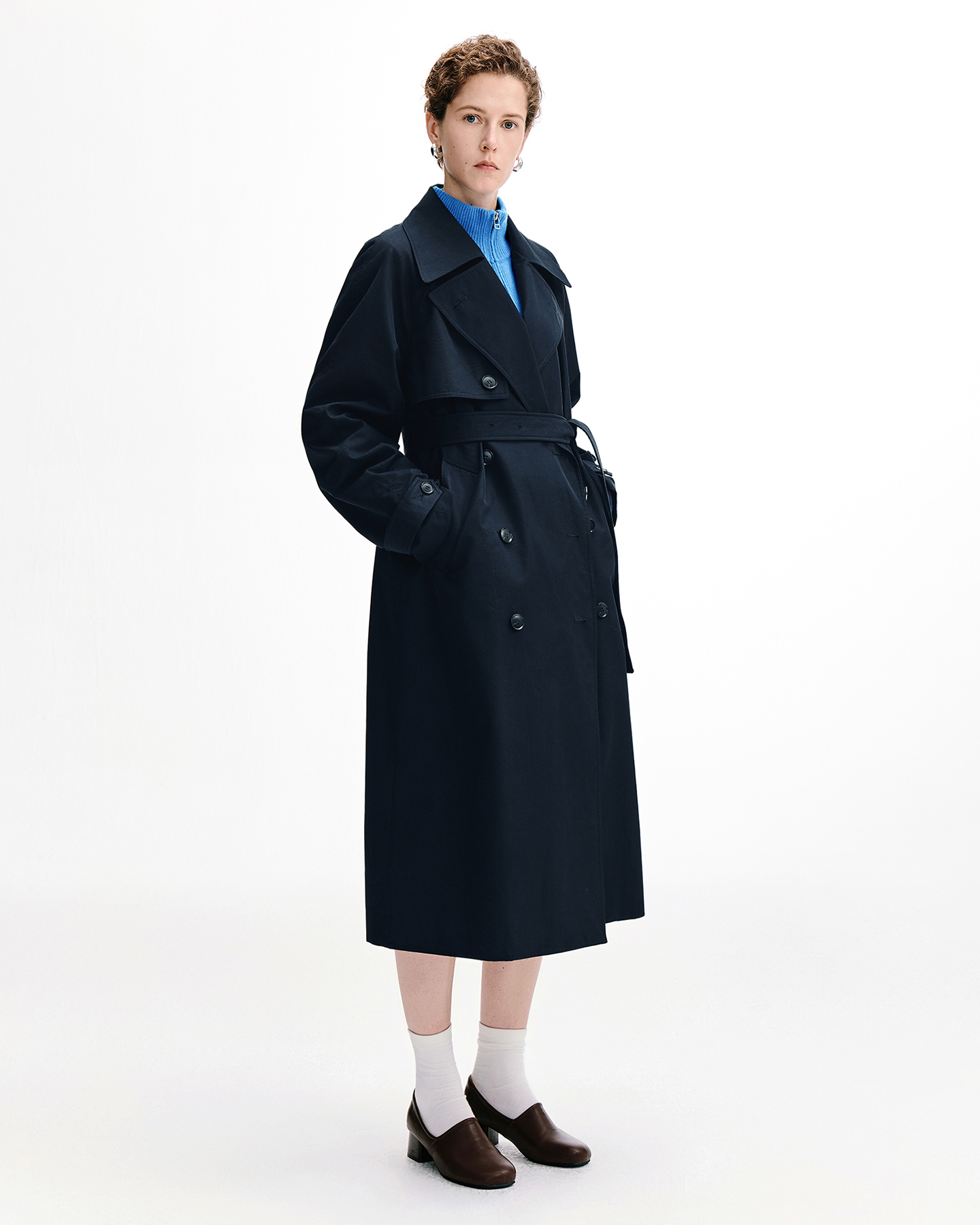 Stand-Collar Double-Breasted Trench Coat – Cotton Blend