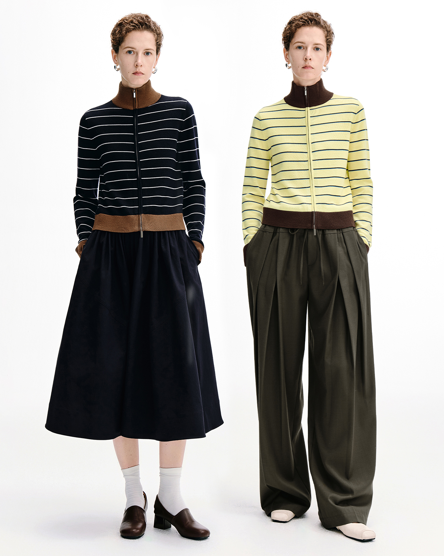 Two Way Zip Turtleneck Contrast-Stripe Sweater