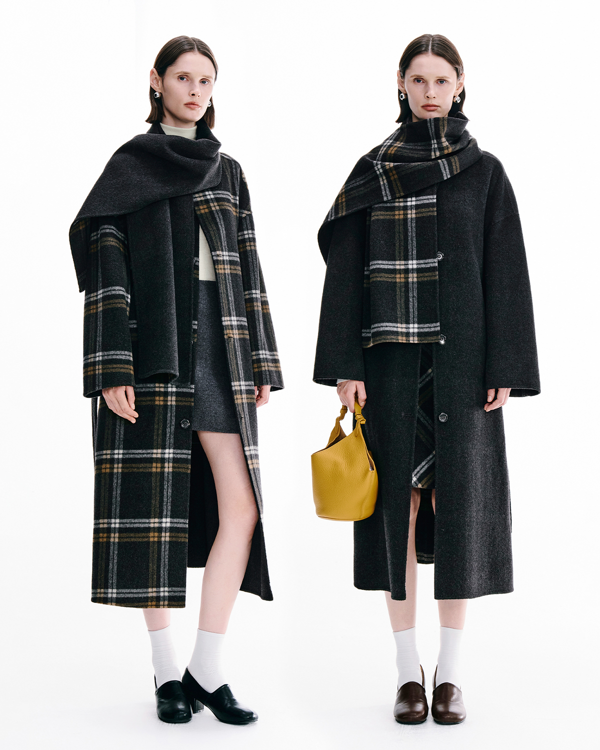 Reversible Plaid Wool Coat – Detachable Scarf