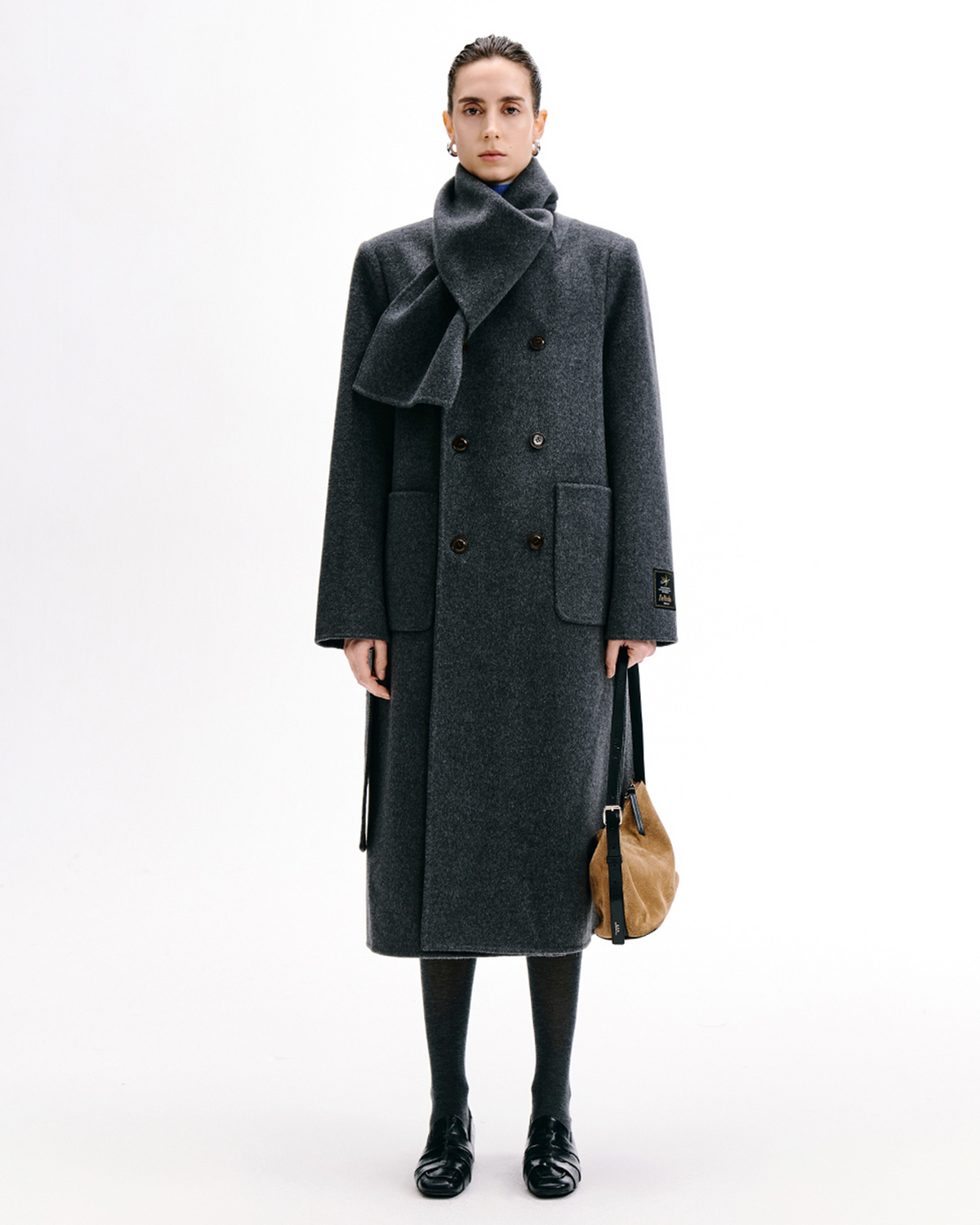 Double-Breasted Scarf-Collar Wool Coat – Long