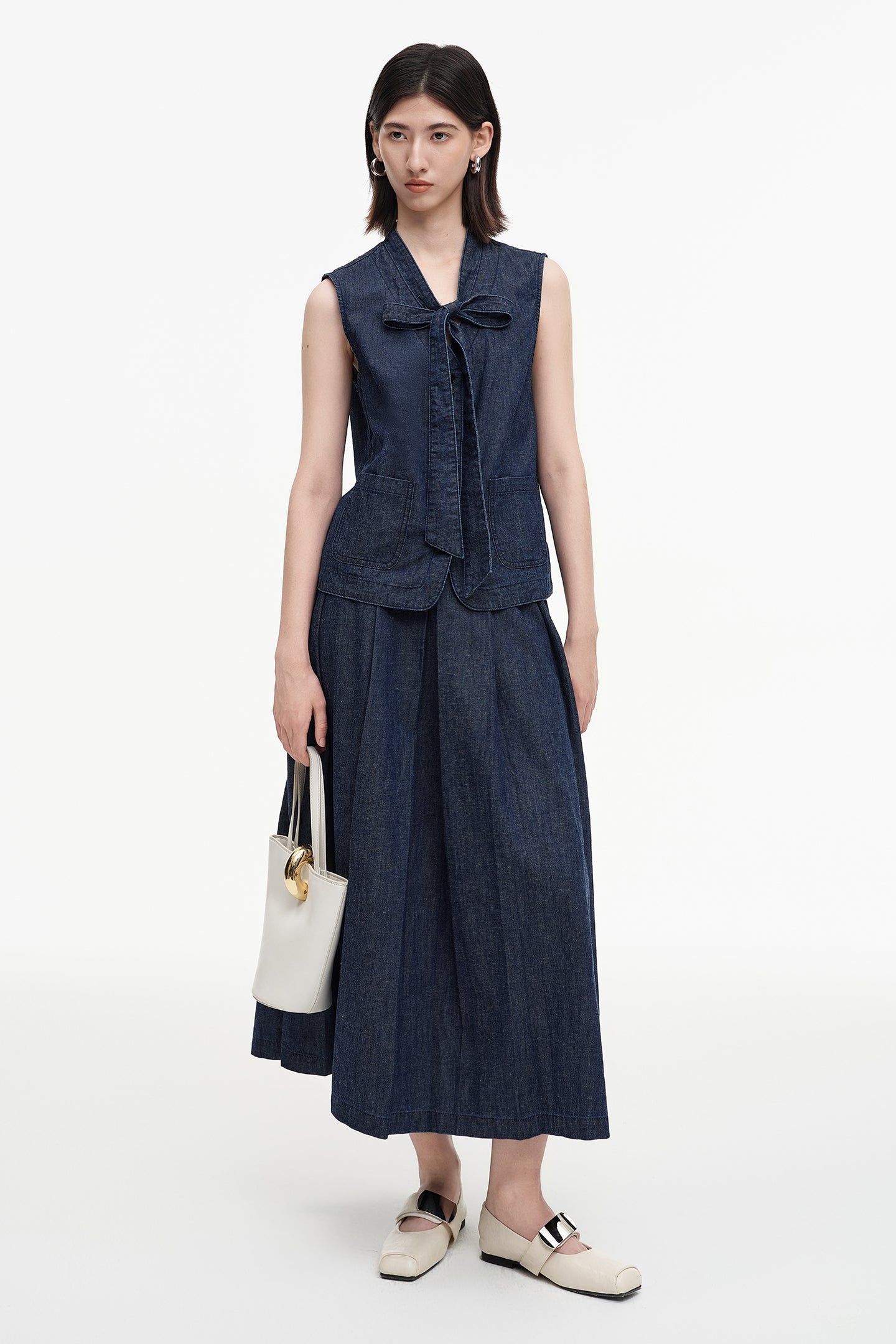 SELFWHO cotton and linen blend raw cowboy style vest and denim skirt