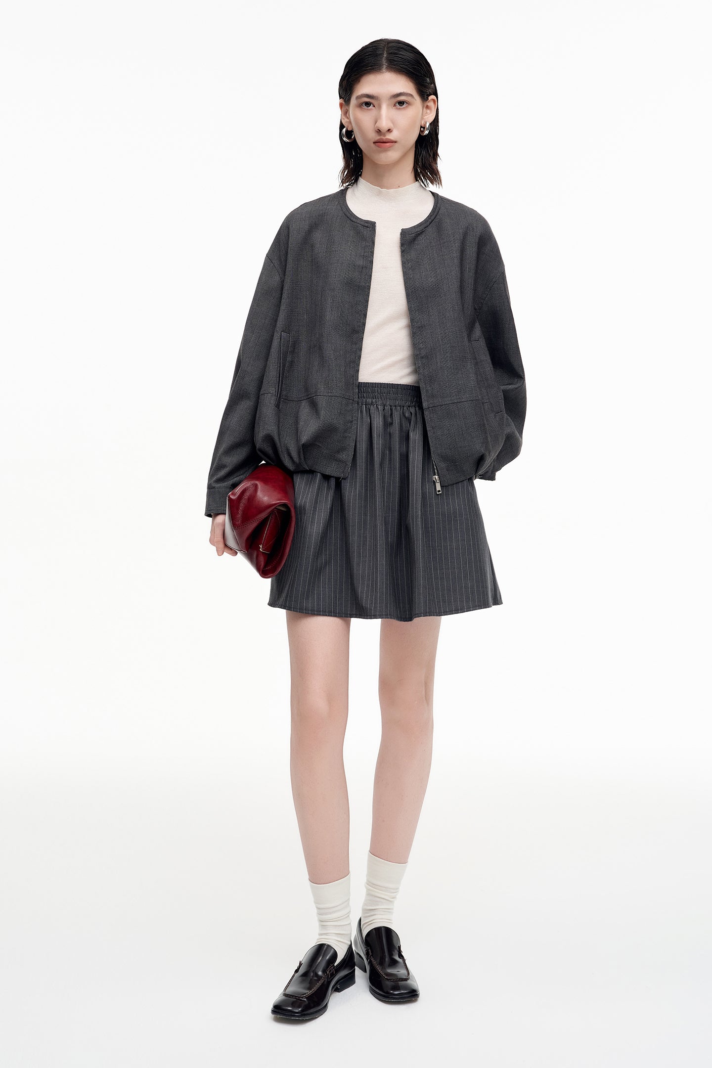 Selfwho Combed Wool Blend Grey Striped Skirt