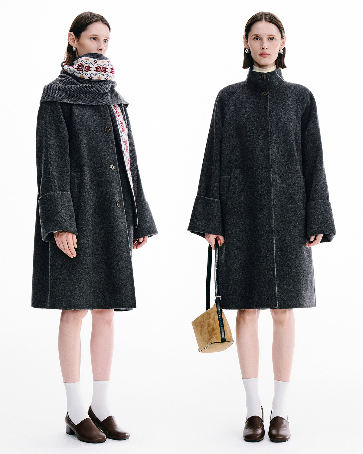 Double-Face Wool Coat with Fair Isle Scarf – Mock Neck