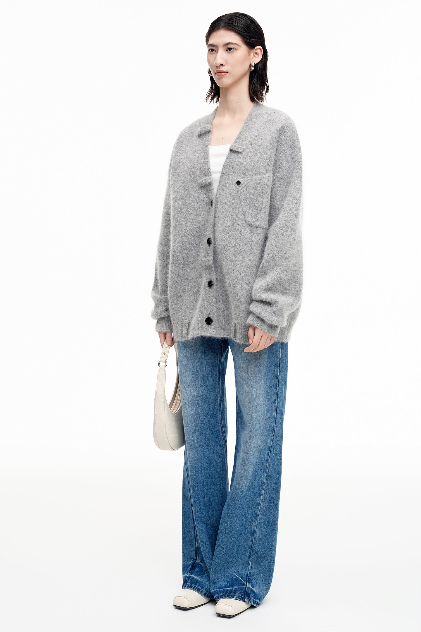 SELFWHO Angora rabbit hair and wool blend gray V-neck knitted cardigan