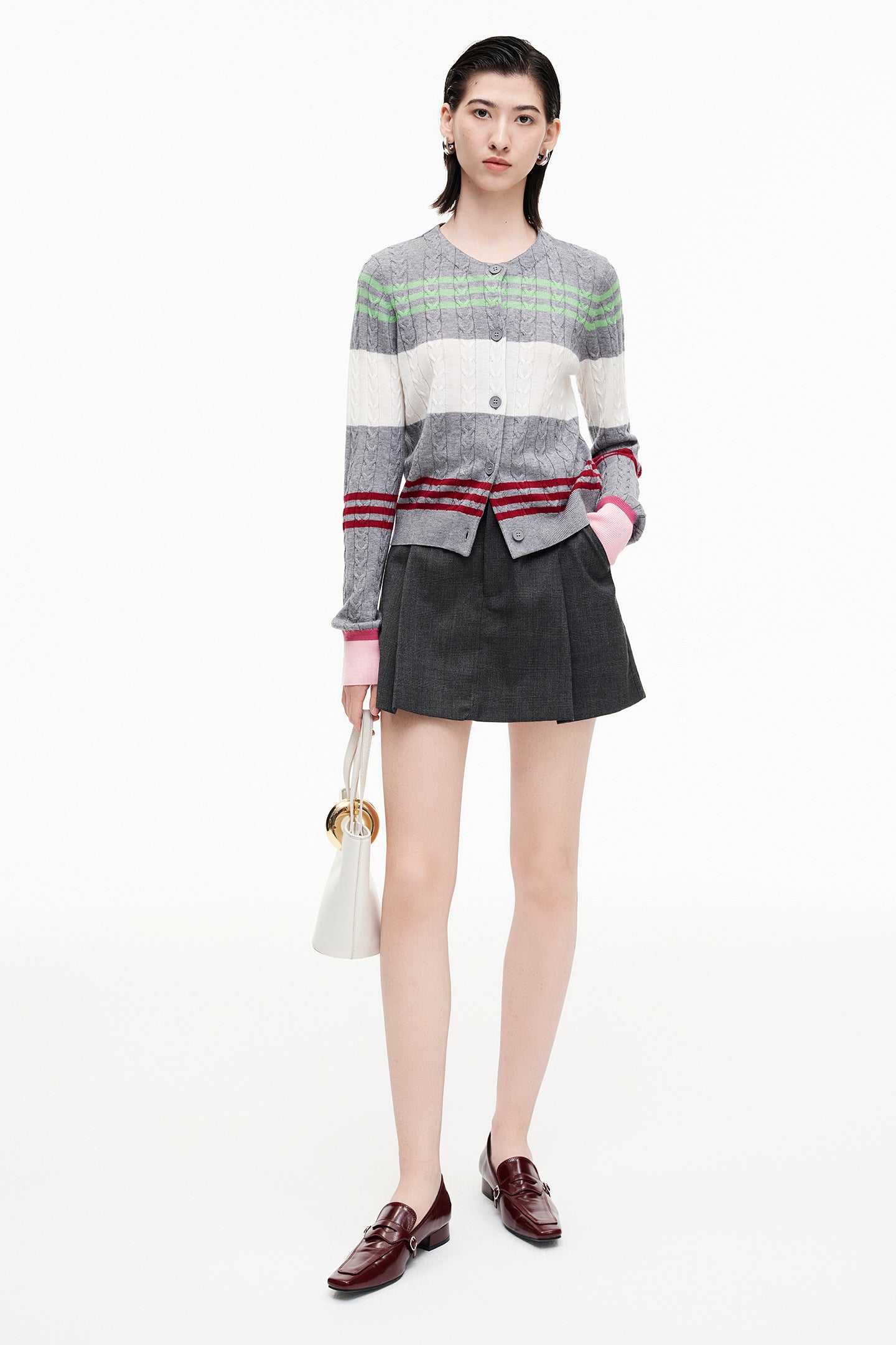 SELFWHO Sheep And Wool Blend Contrast Striped Knitted Cardigan