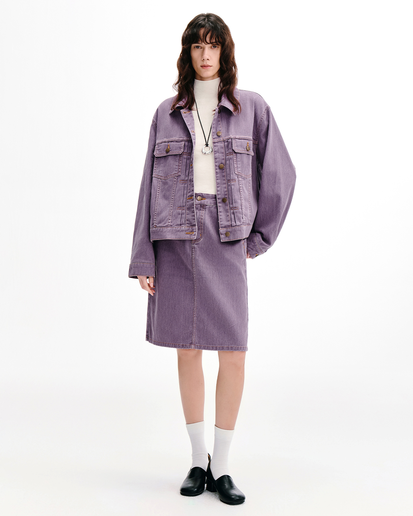 Vintage-Wash Denim Jacket & A-Line Skirt Set