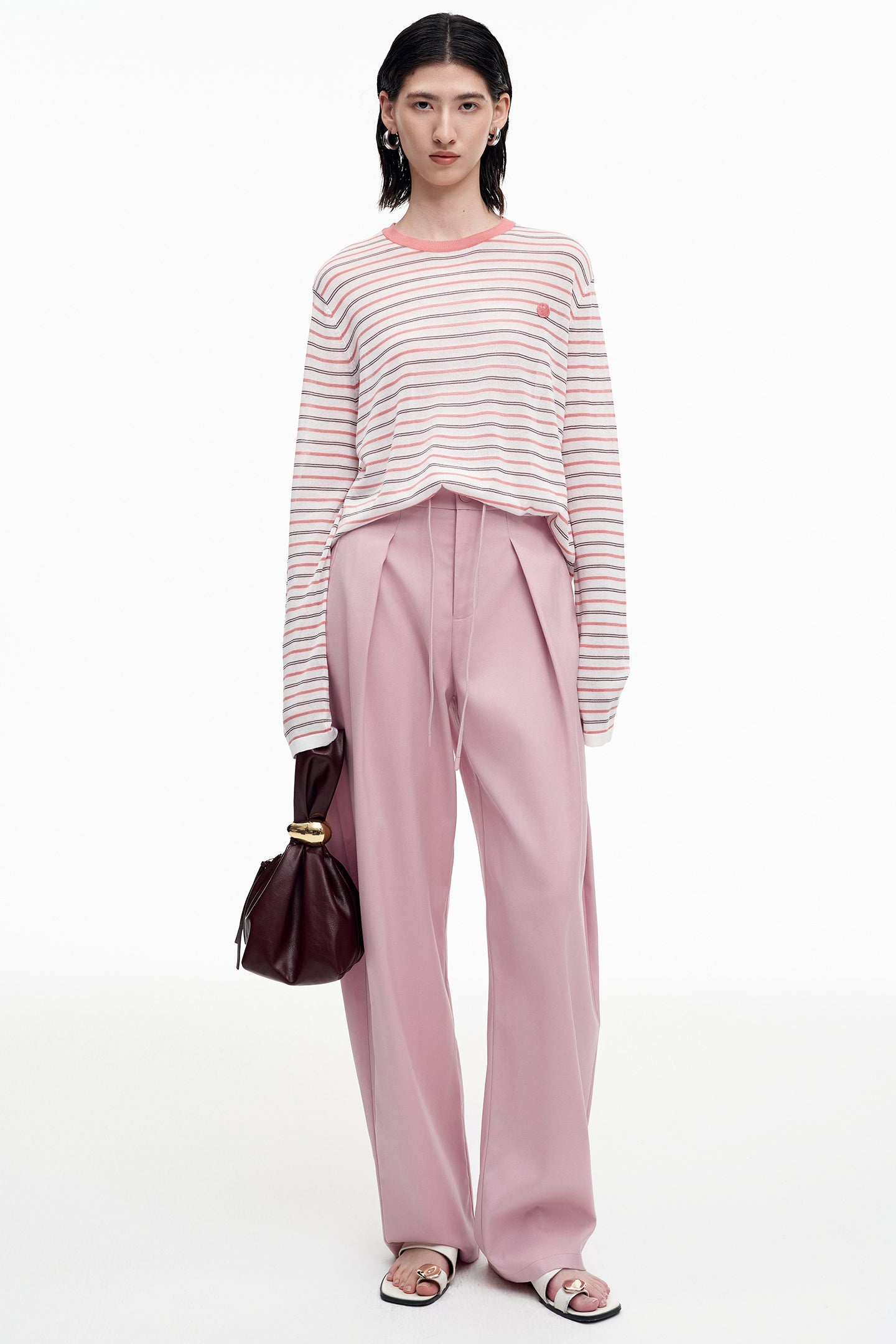 Wool blend pleated drawstring elastic scimitar pants