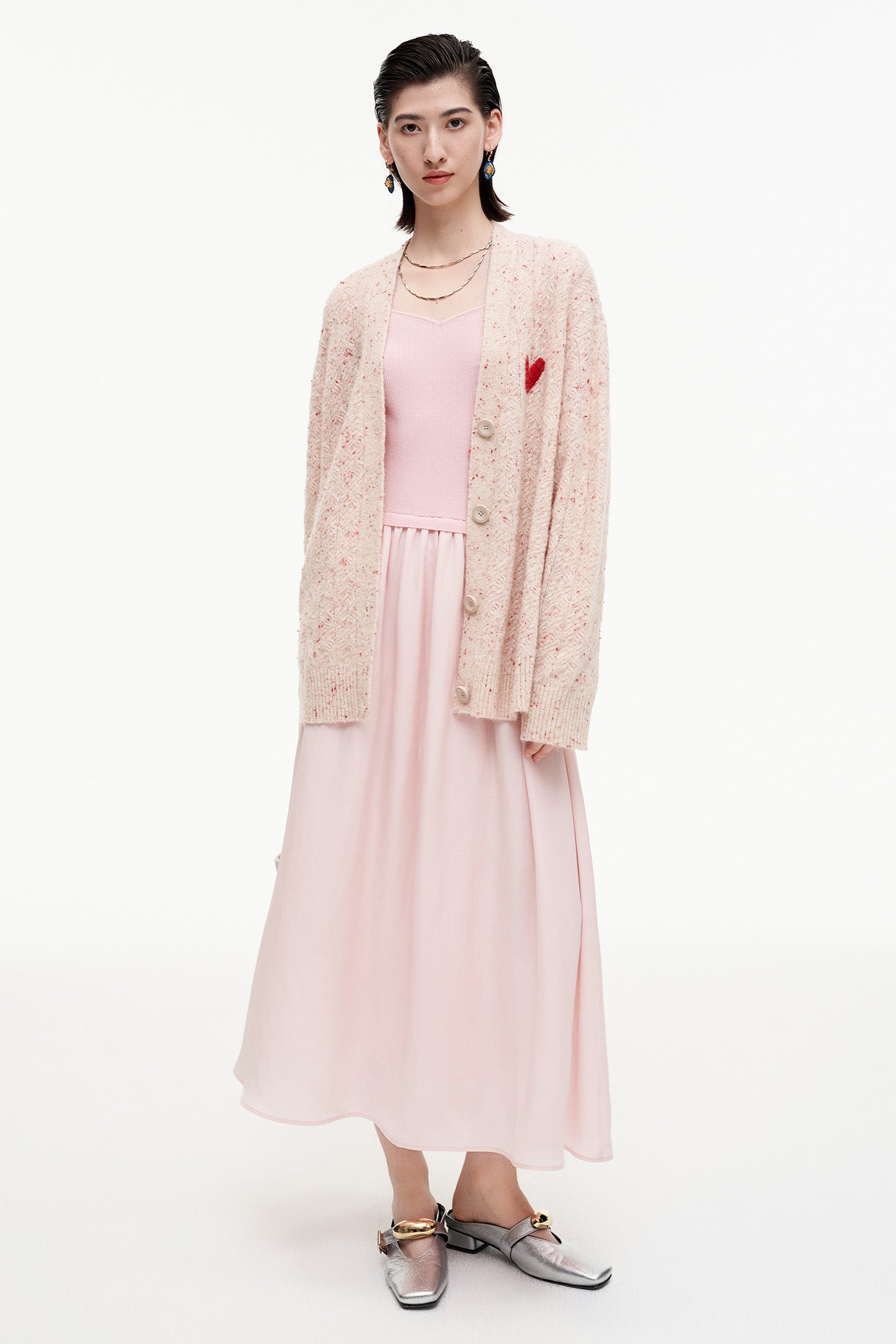 SELFWHO Wool Blend Heart V-Neck Knitted Cardigan