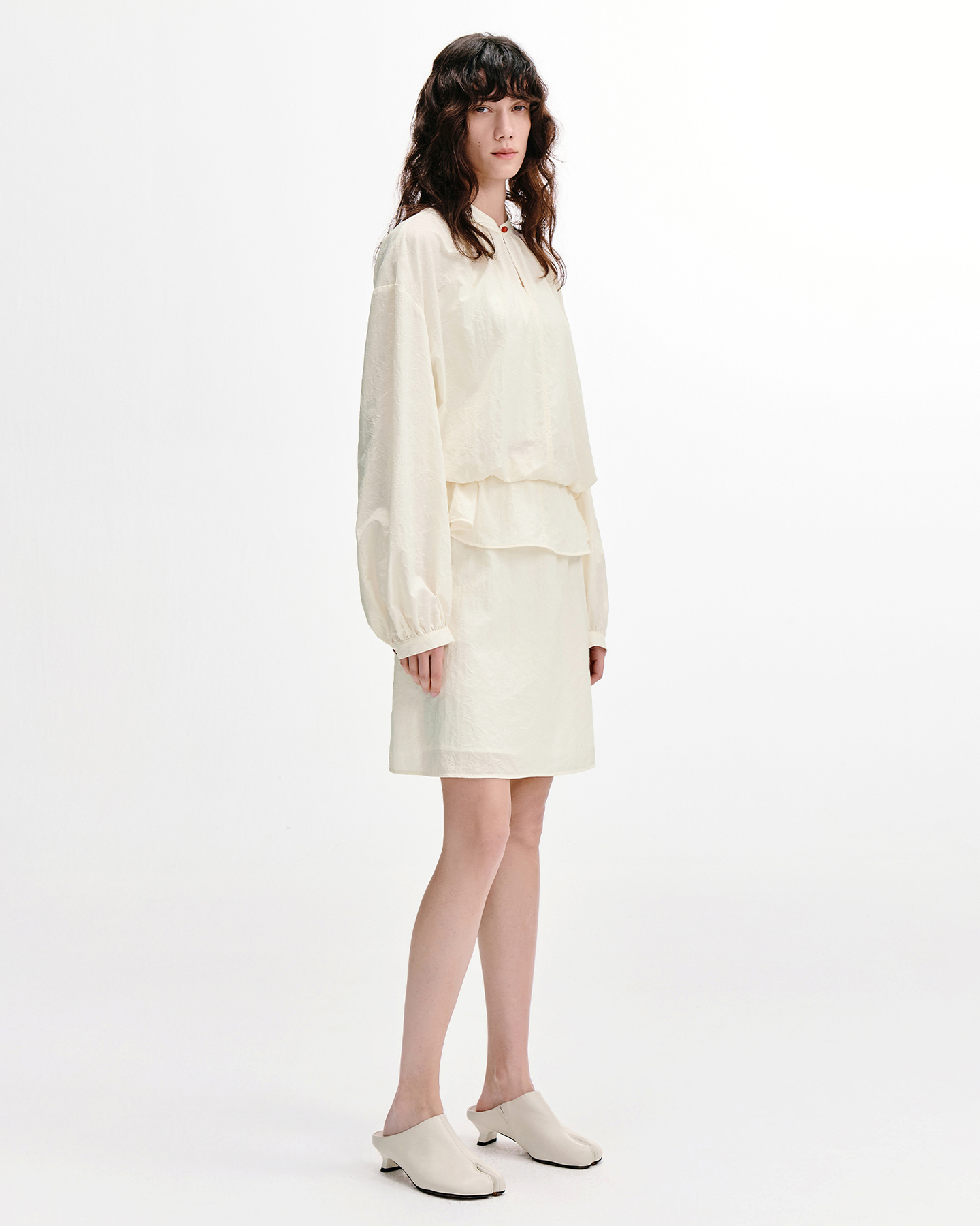 Jade-Button Mandarin Shirt & Skirt Set – Wool-Blend