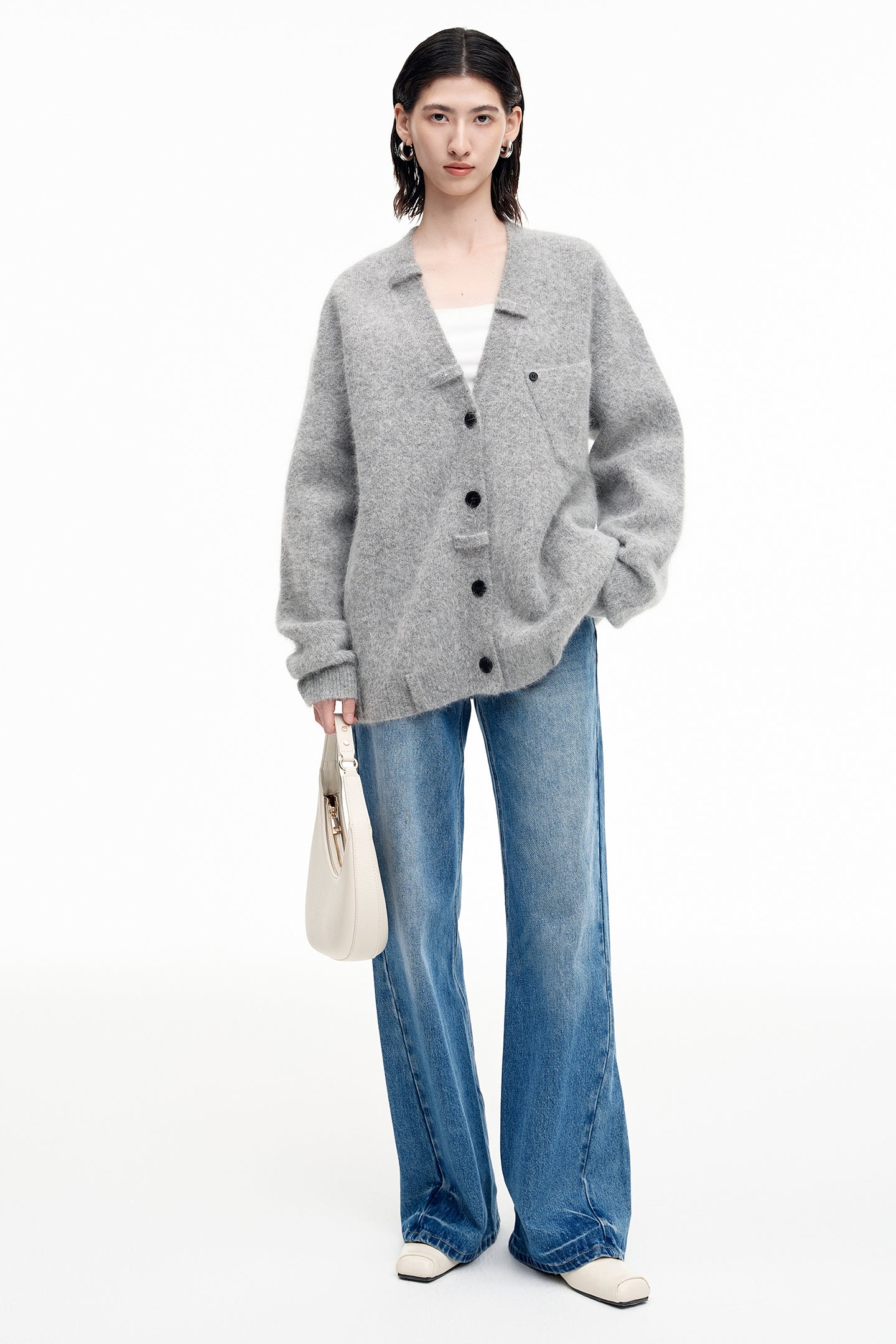 SELFWHO Angora rabbit hair and wool blend gray V-neck knitted cardigan