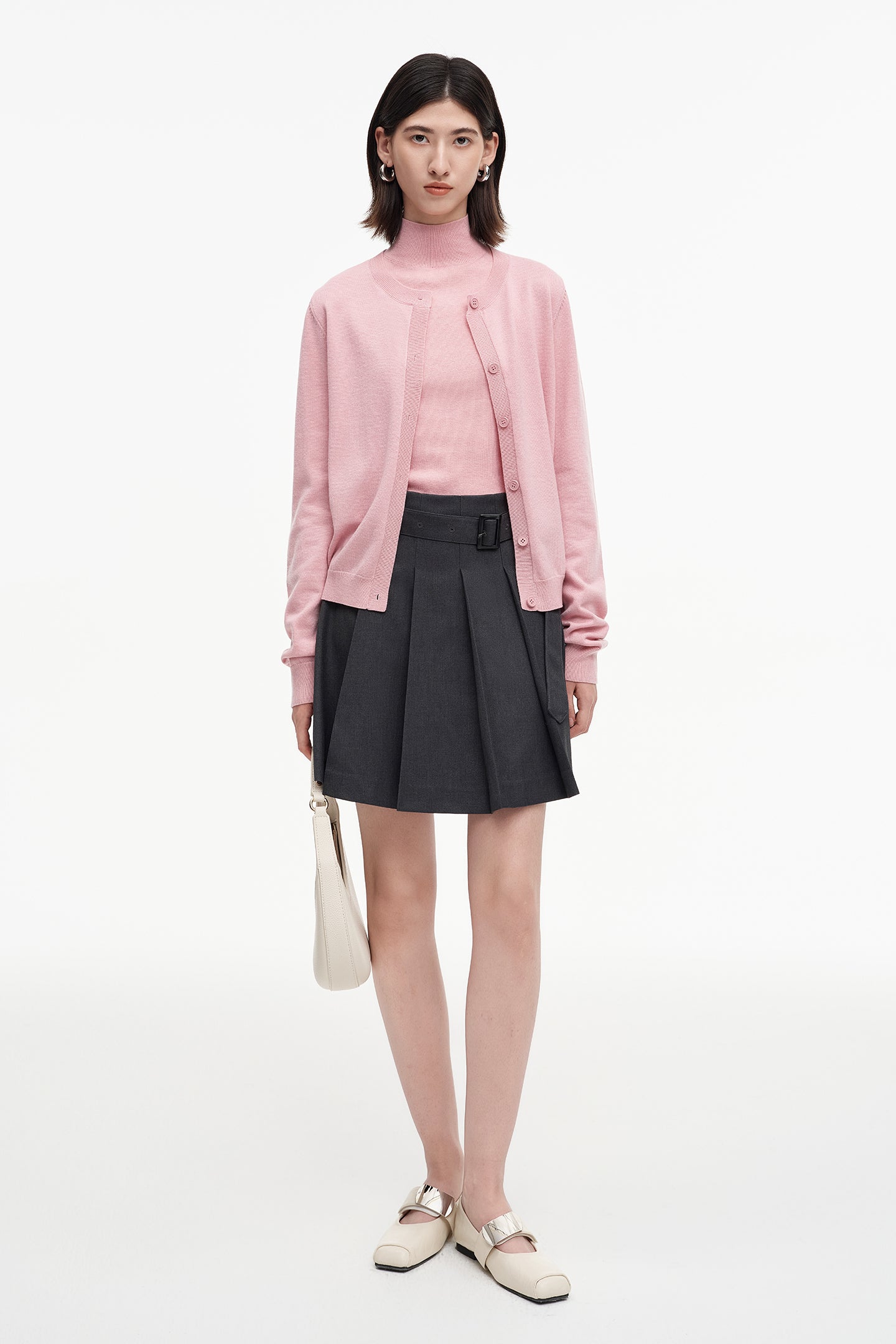 SELFWHO sheep wool blend classic round neck knitted bottoming shirt + cardigan set