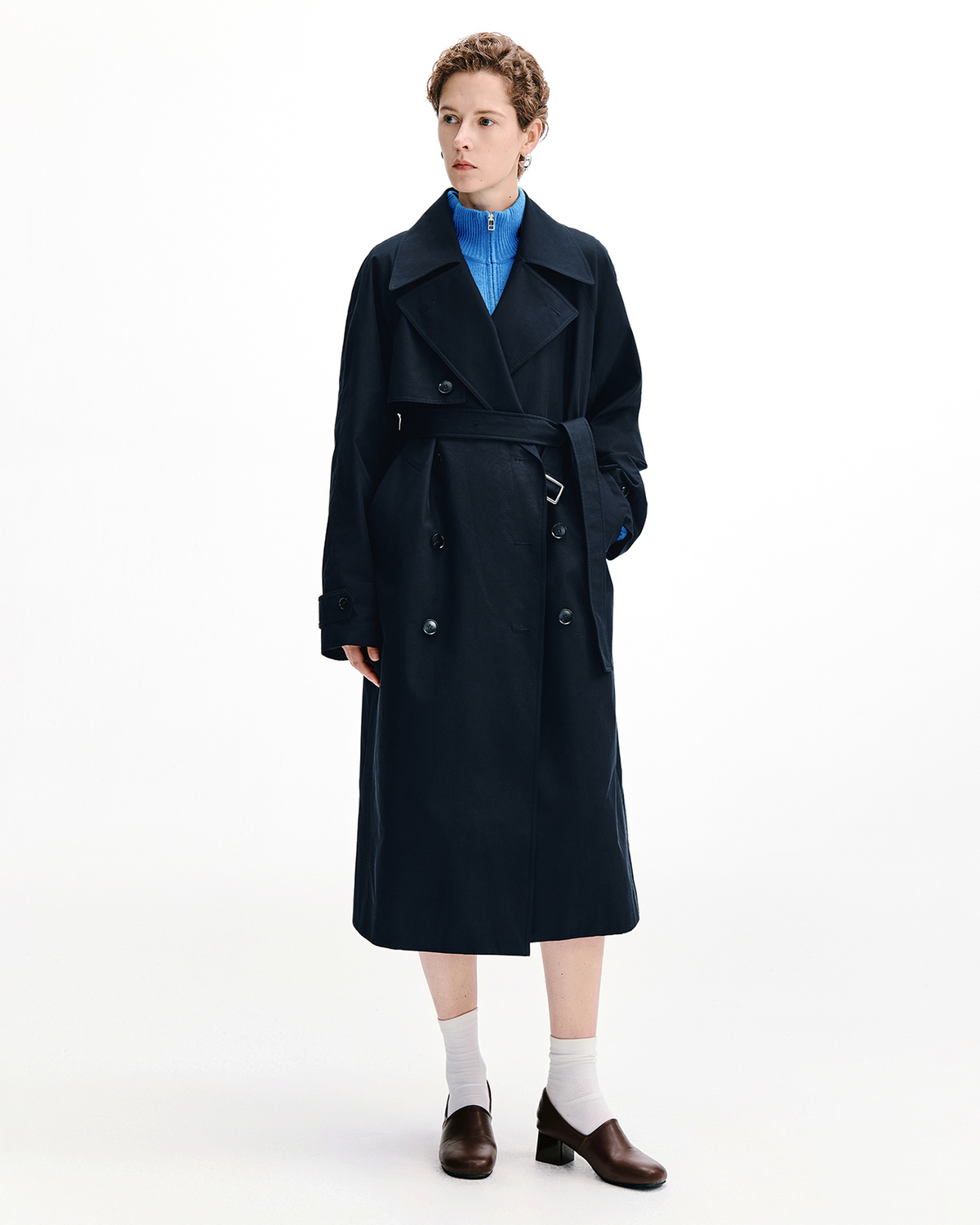 Stand-Collar Double-Breasted Trench Coat – Cotton Blend