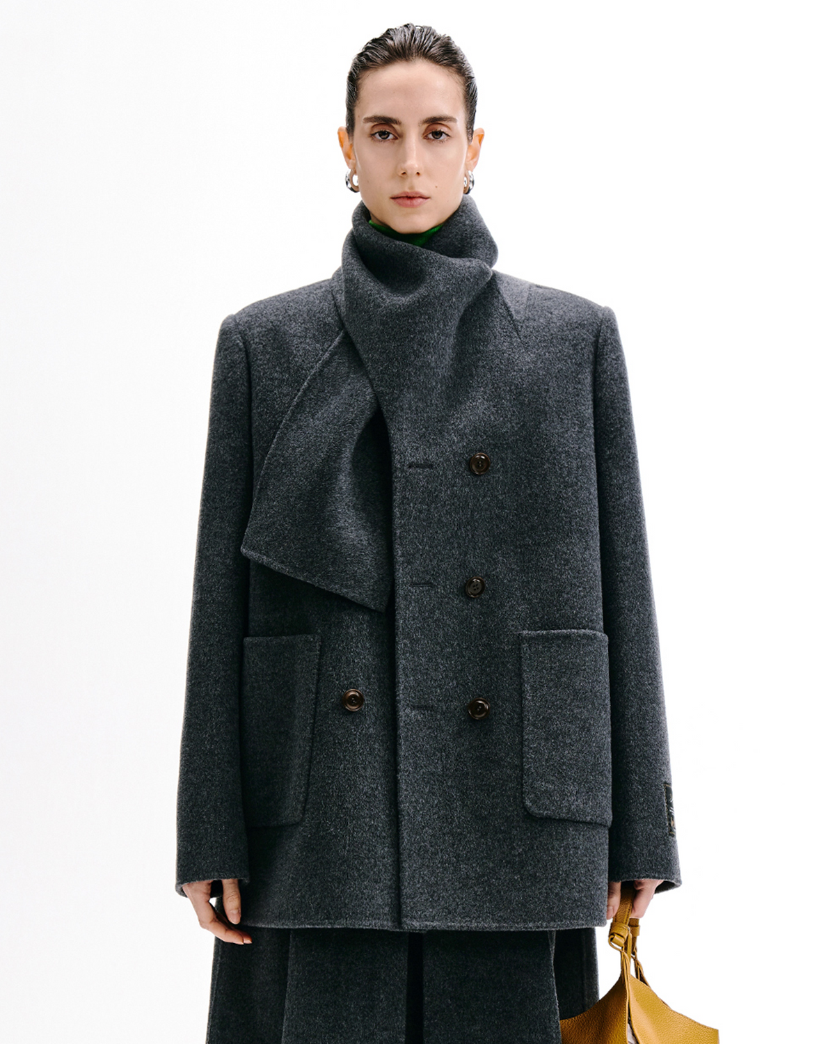 Scarf-Collar Double-Face Coat & Pleated Skirt Set