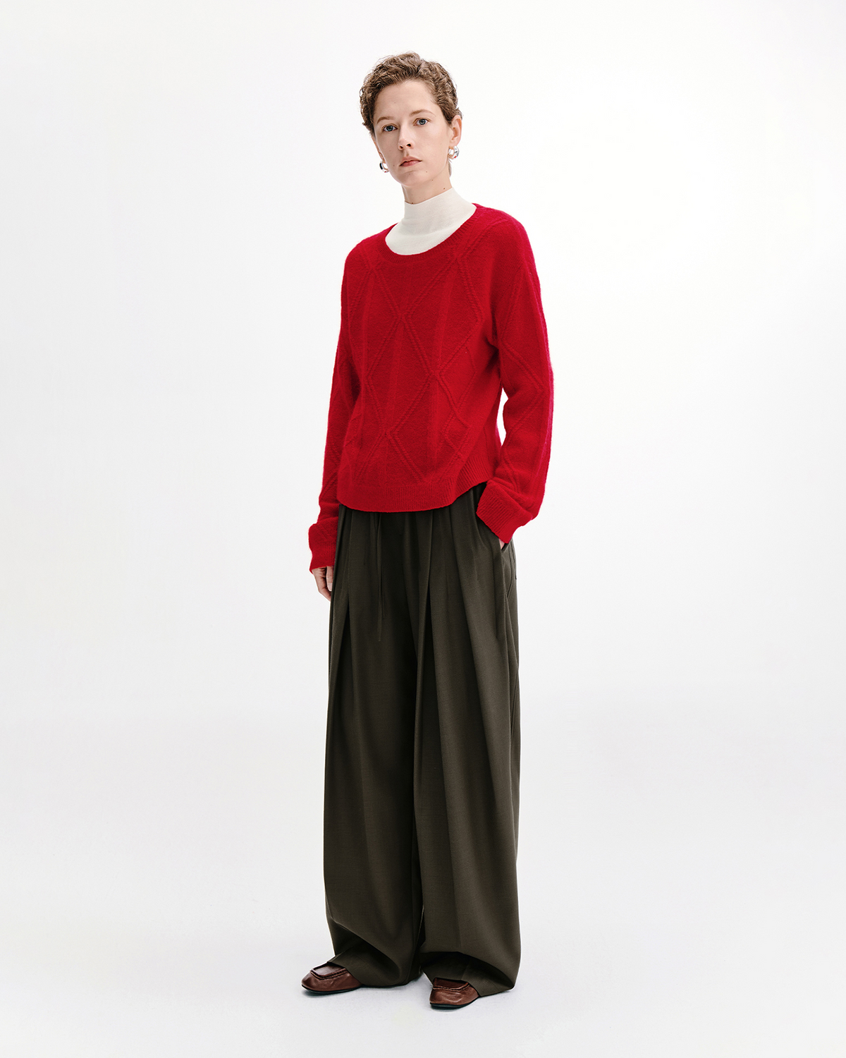 Cable-Knit Check Sweater – Wool Blend