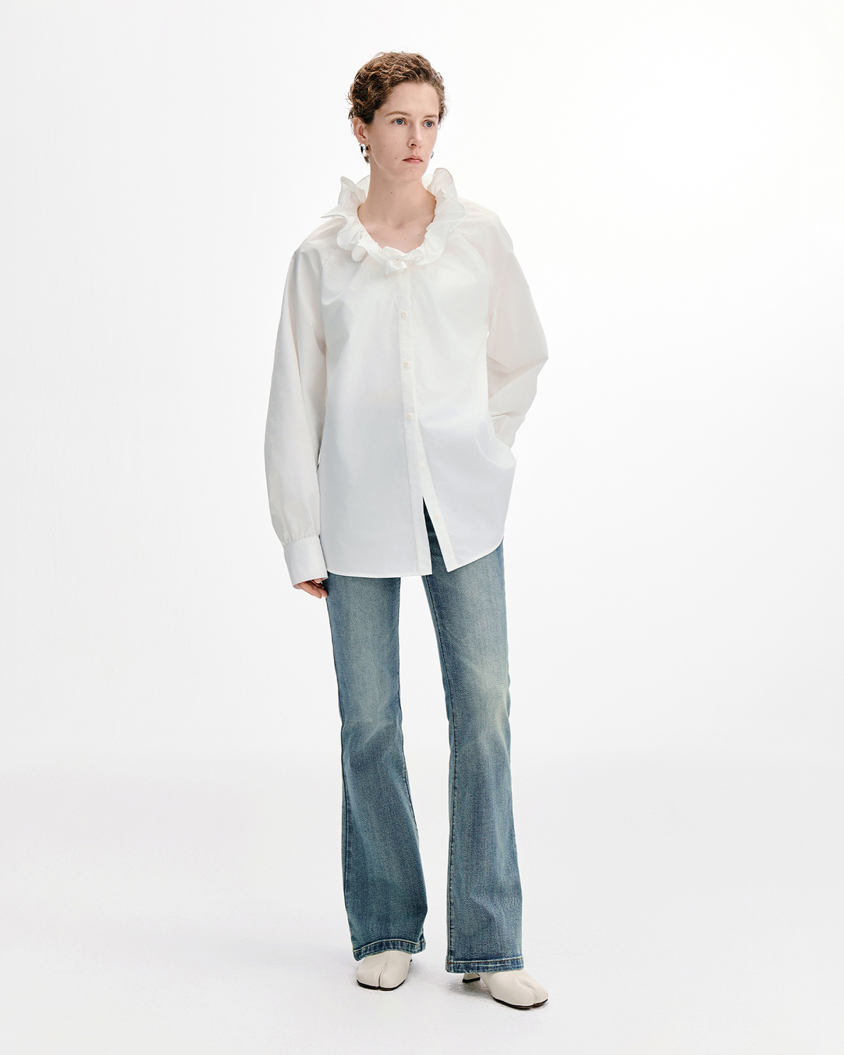 Ruffle-Trim V-Neck Blouse – Relaxed Cotton