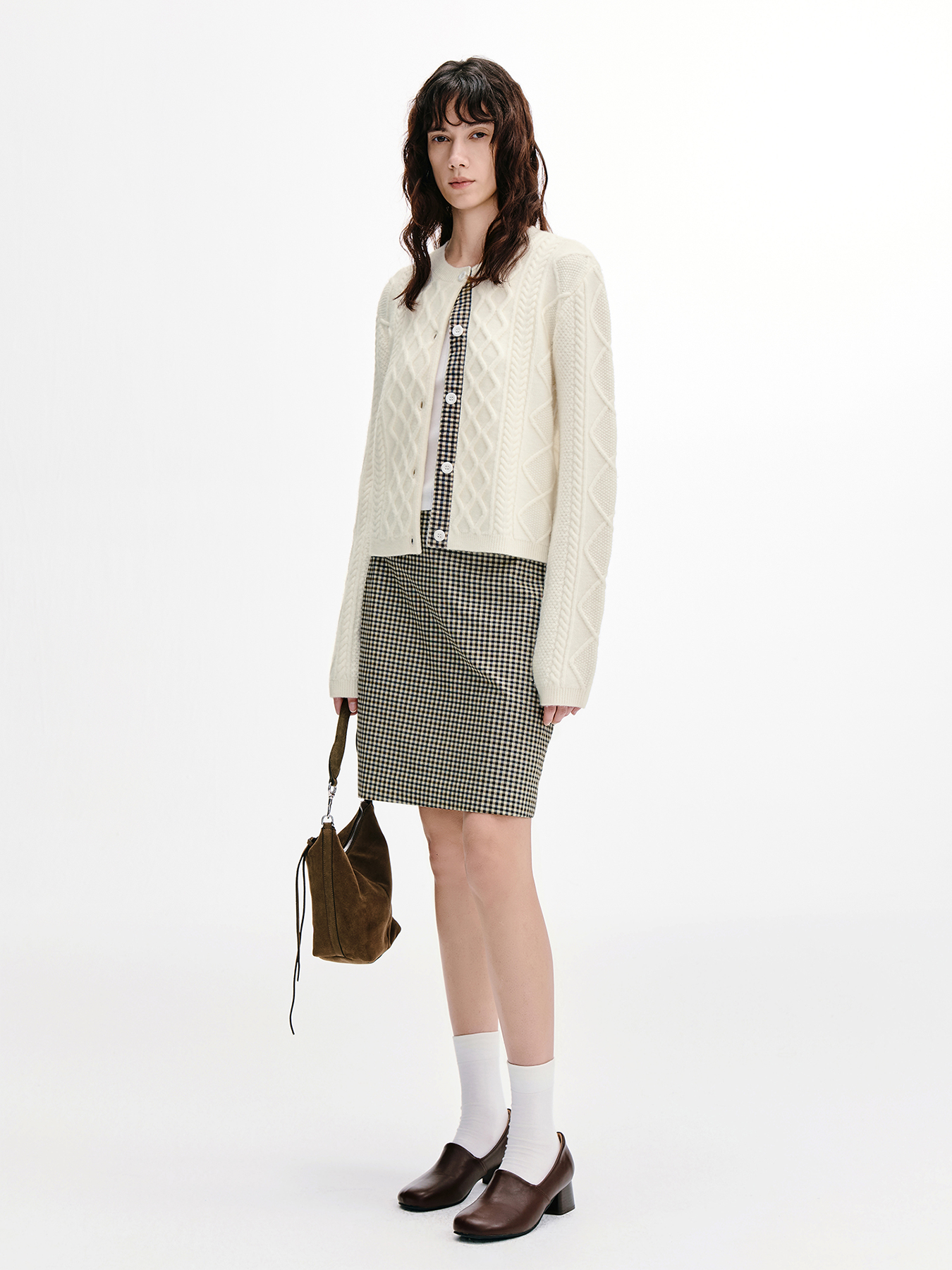 Vintage-Check Shirt & Straight Skirt Set – Cotton