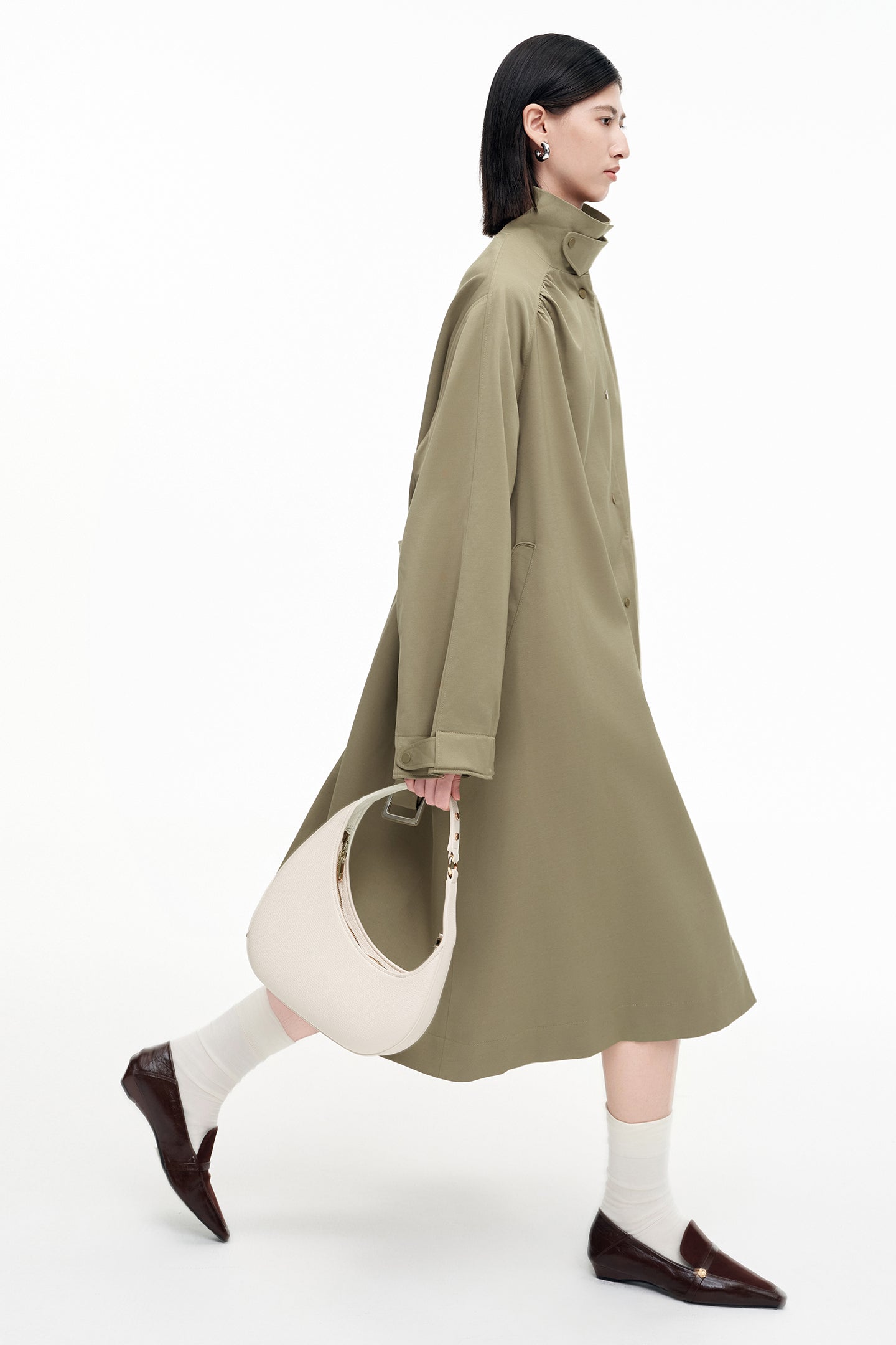 SELFWHO Khaki Stand Collar Mid-Length Trench Coat